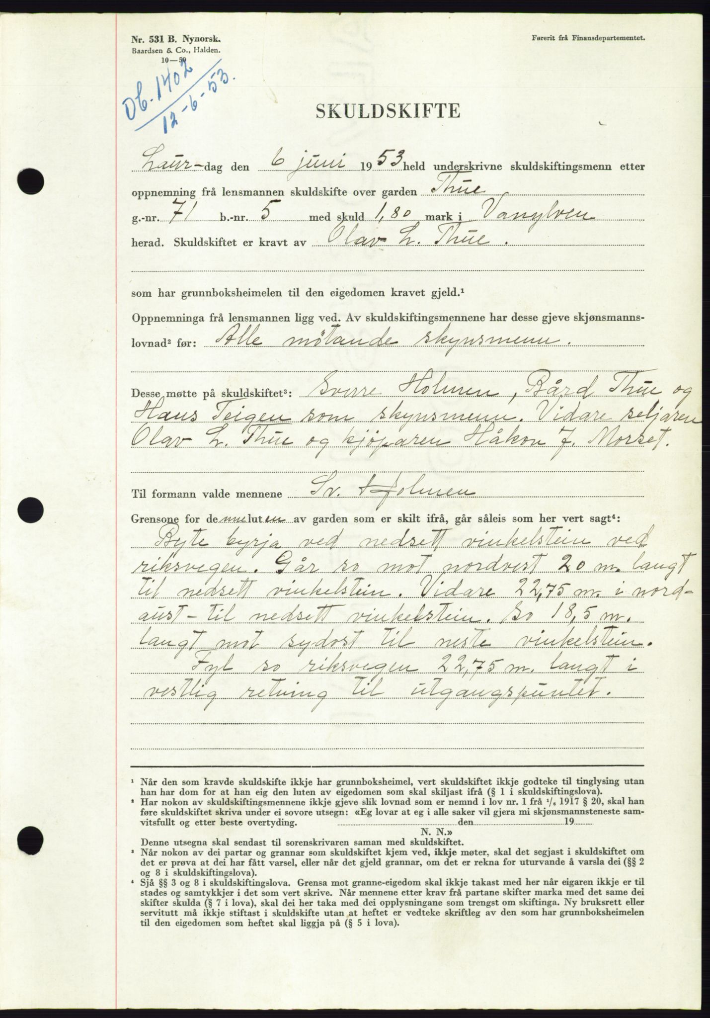 Søre Sunnmøre sorenskriveri, AV/SAT-A-4122/1/2/2C/L0095: Pantebok nr. 21A, 1953-1953, Dagboknr: 1402/1953