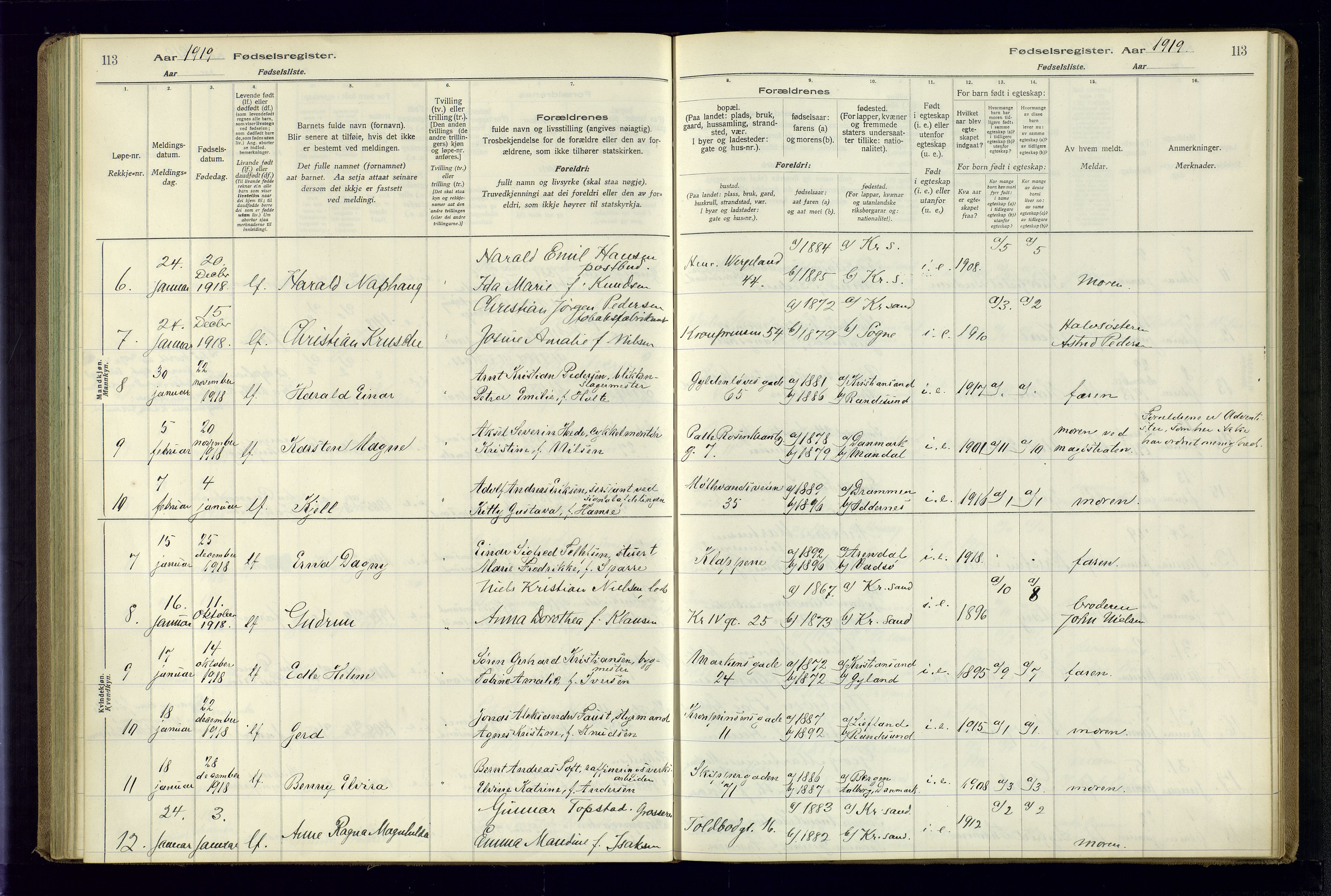 Kristiansand domprosti, AV/SAK-1112-0006/J/Jc/L0001: Fødselsregister nr. A-VI-45, 1916-1921, s. 113