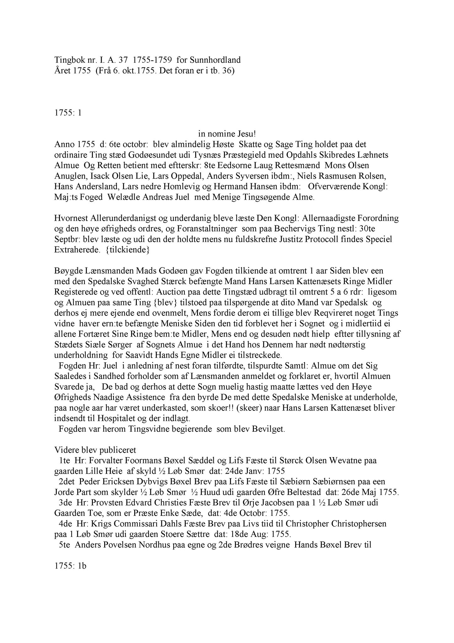 Samling av fulltekstavskrifter, SAB/FULLTEKST/A/12/0037: Sunnhordland sorenskriveri, tingbok nr. A 37, 1755-1759