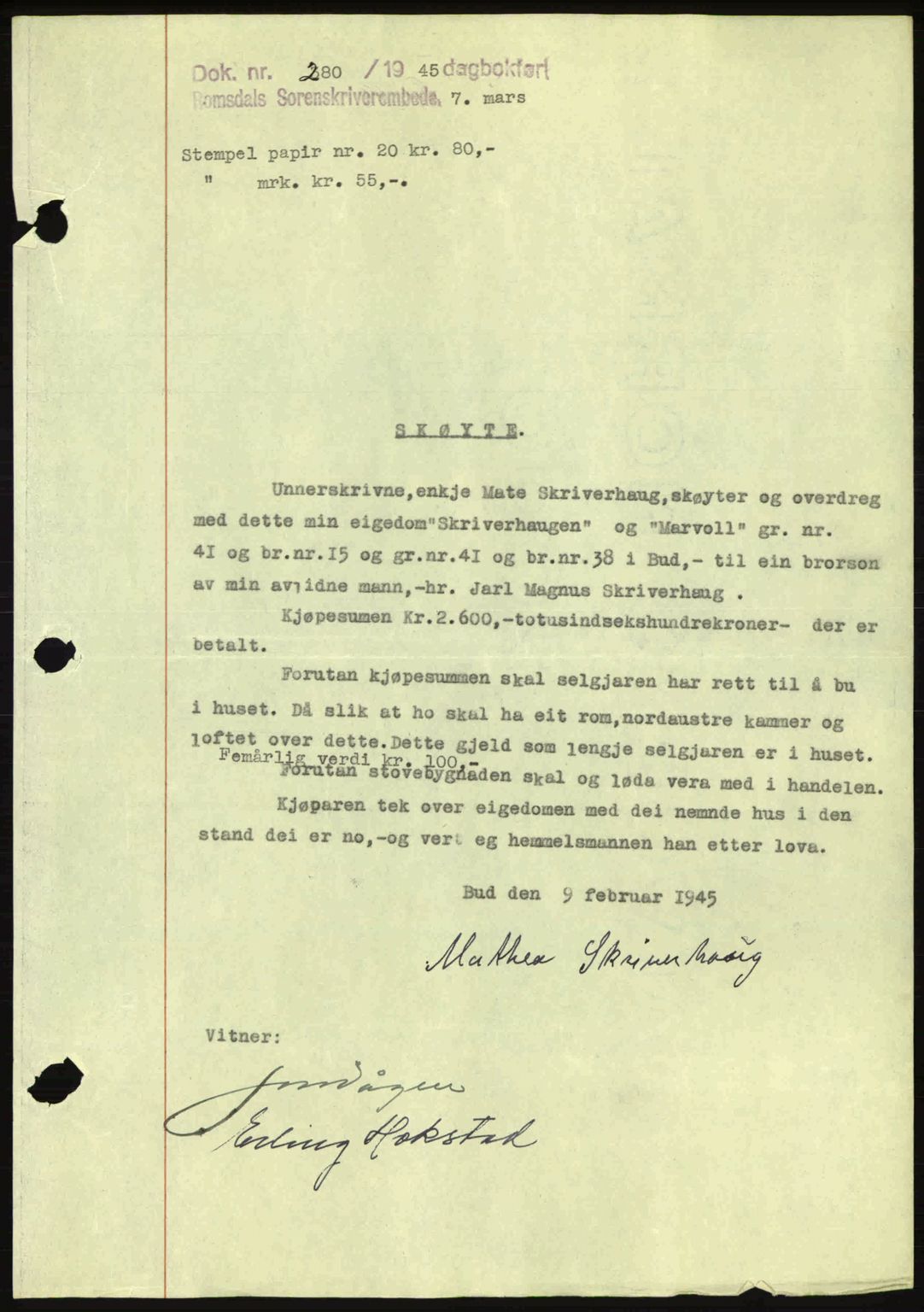Romsdal sorenskriveri, SAT/A-4149/1/2/2C: Pantebok nr. A17, 1944-1945, Dagboknr: 280/1945