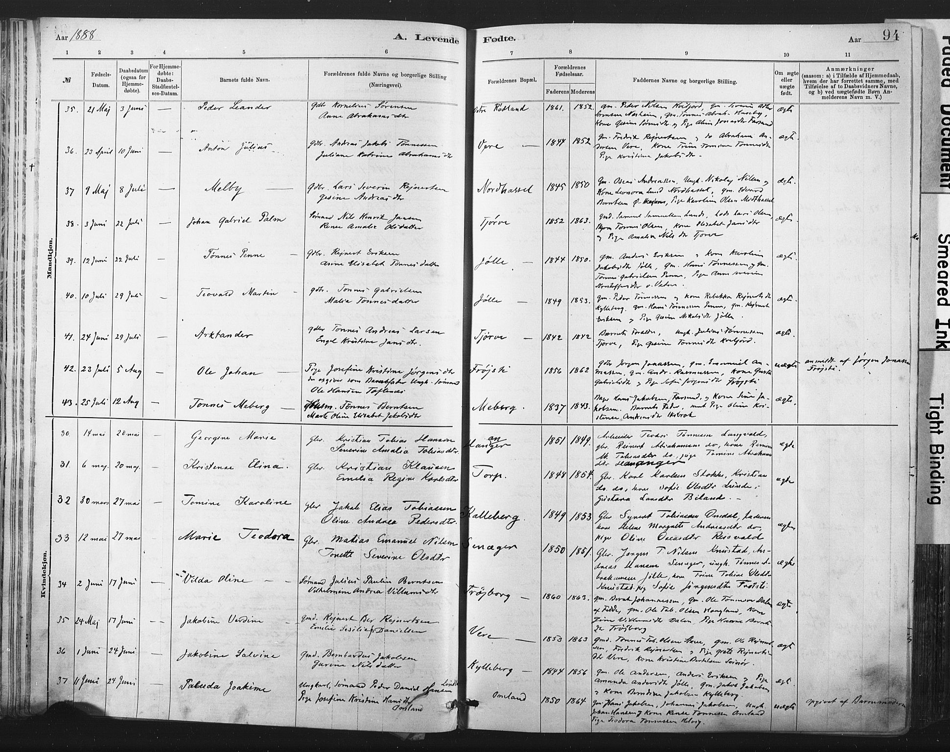 Lista sokneprestkontor, AV/SAK-1111-0027/F/Fa/L0012: Ministerialbok nr. A 12, 1879-1903, s. 94
