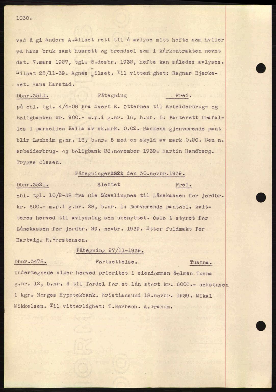 Nordmøre sorenskriveri, SAT/A-4132/1/2/2Ca: Pantebok nr. C80, 1936-1939, Dagboknr: 3513/1939