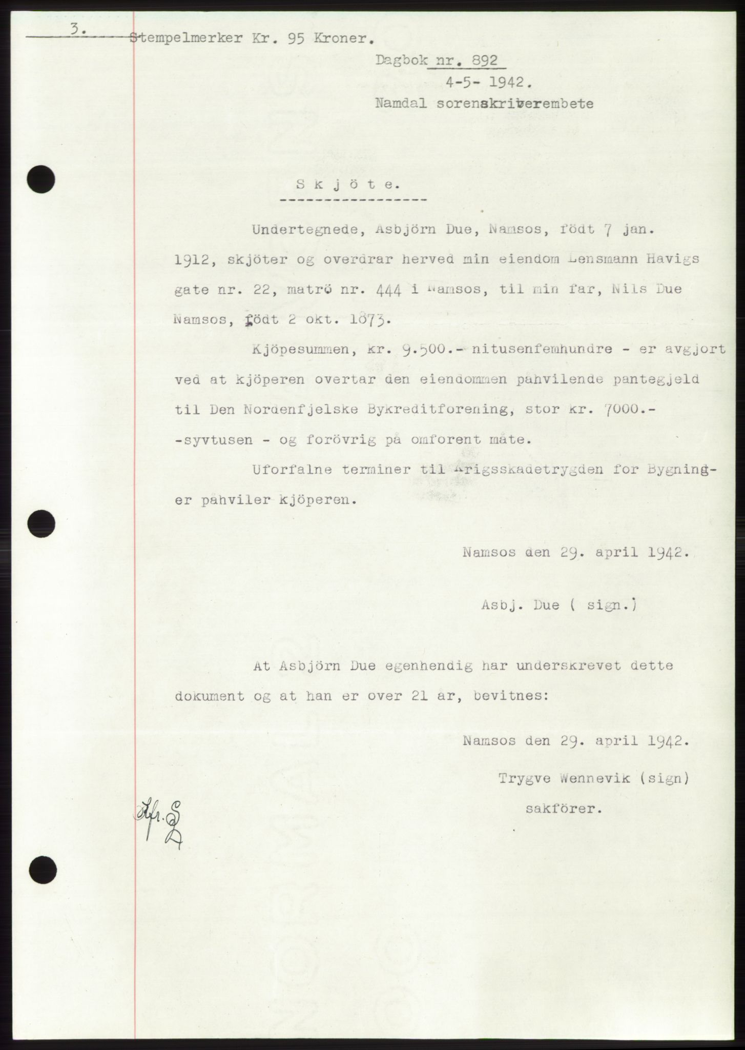 Namdal sorenskriveri, SAT/A-4133/1/2/2C: Pantebok nr. -, 1941-1942, Dagboknr: 892/1942