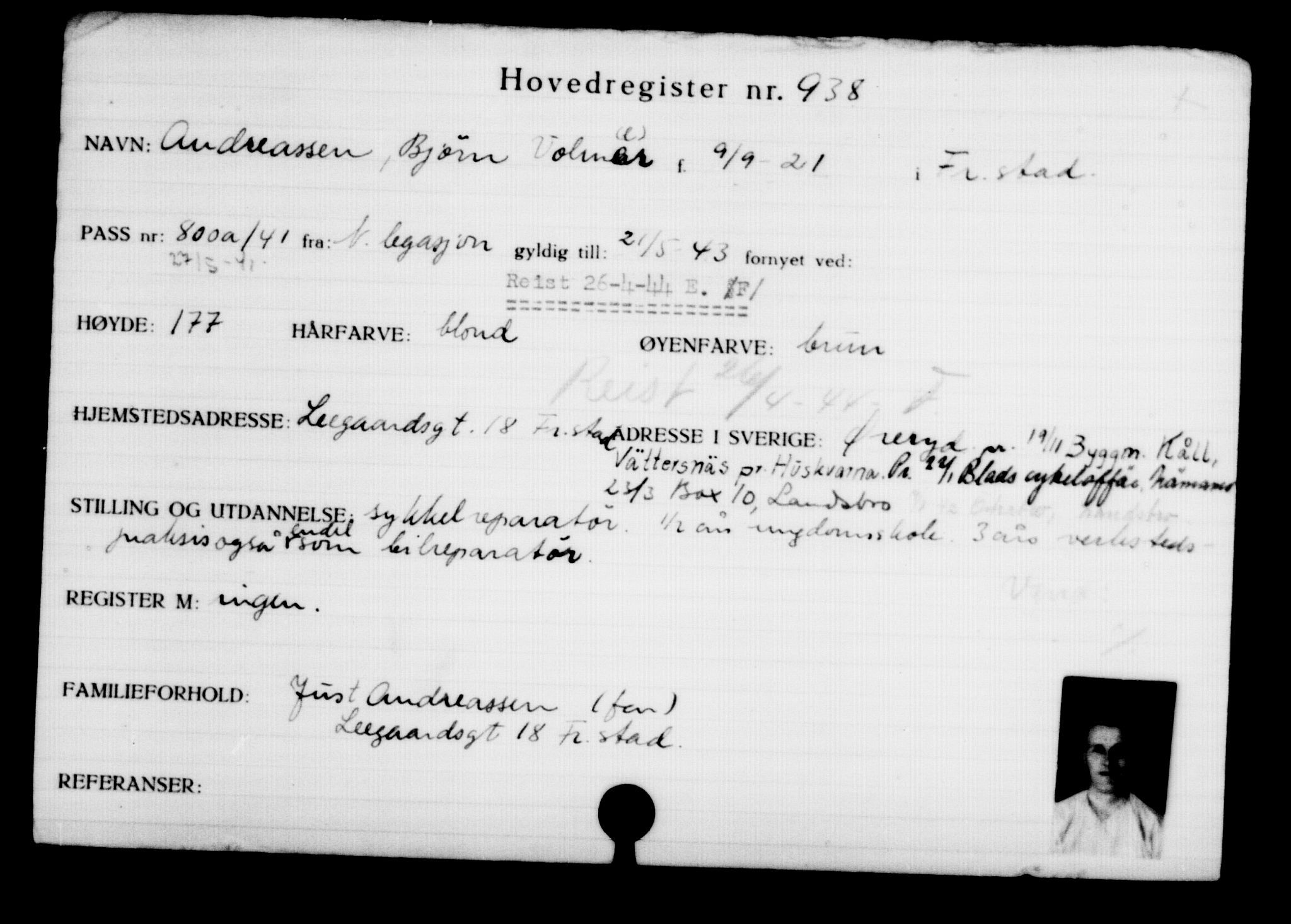 Utenriksstasjonene, Legasjonen i Stockholm, Flyktningkontoret, AV/RA-S-6753/V/Va/L0001: Kjesäterkartoteket, flyktninger med registreringsnr. 1-1000, 1940-1945, s. 1464