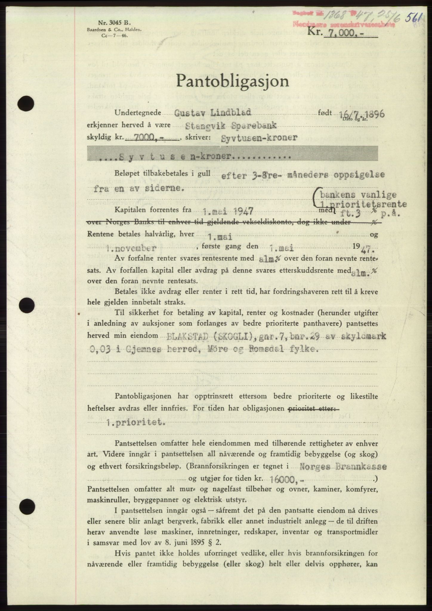 Nordmøre sorenskriveri, SAT/A-4132/1/2/2Ca: Pantebok nr. B96, 1947-1947, Dagboknr: 1368/1947