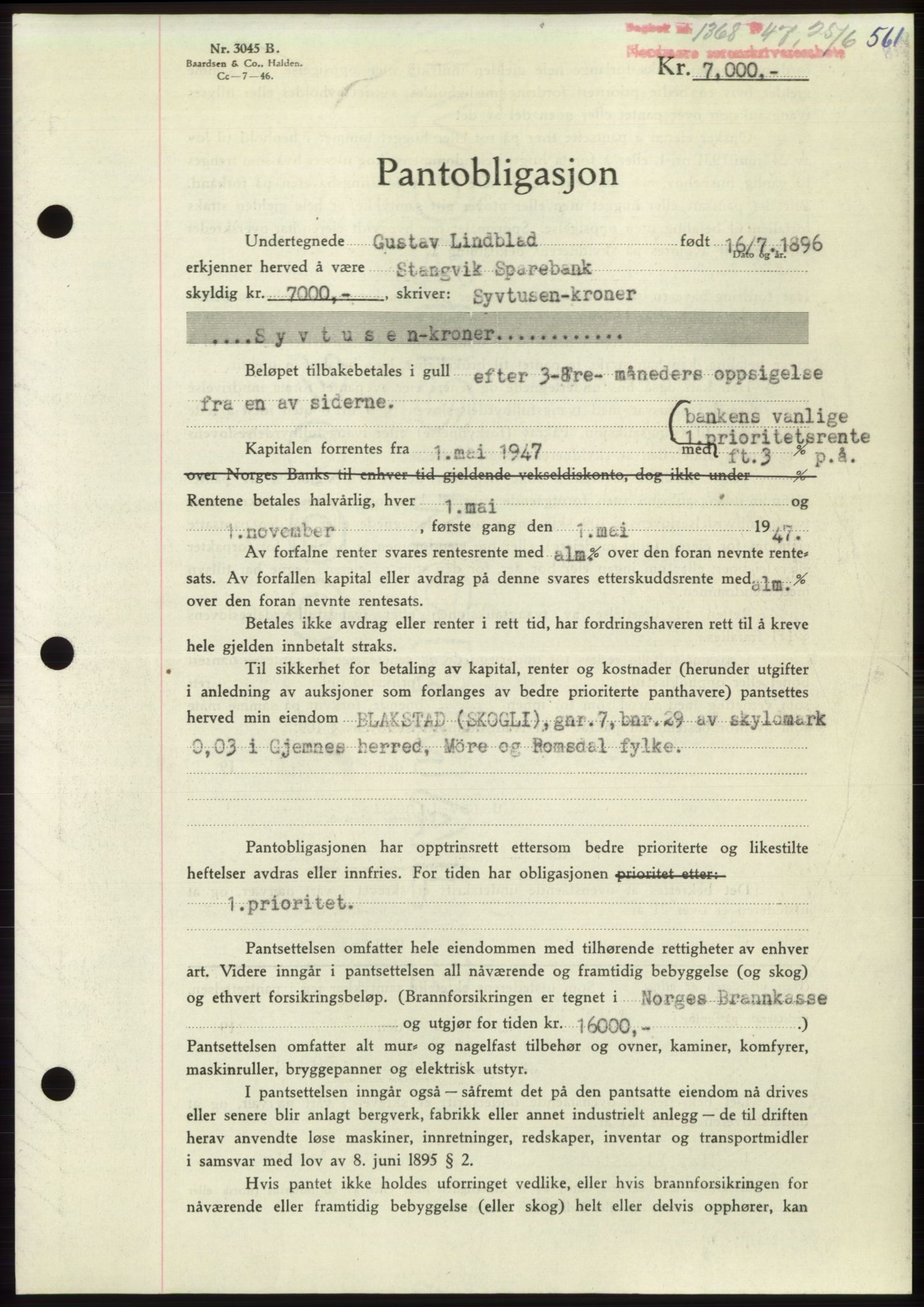 Nordmøre sorenskriveri, AV/SAT-A-4132/1/2/2Ca: Pantebok nr. B96, 1947-1947, Dagboknr: 1368/1947