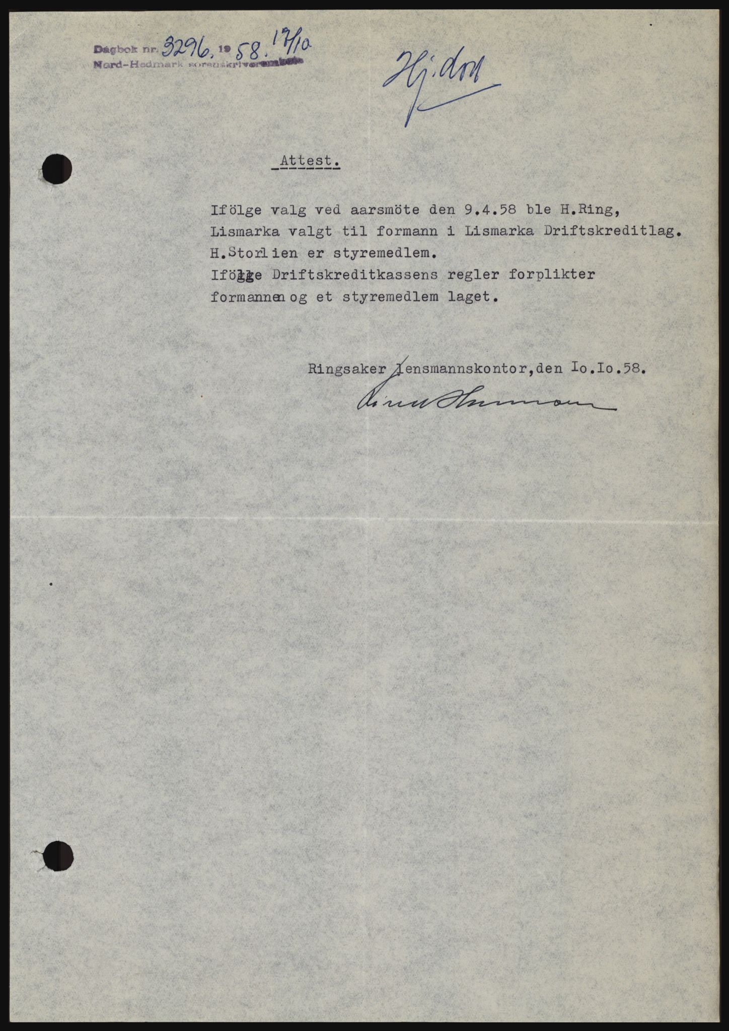 Nord-Hedmark sorenskriveri, SAH/TING-012/H/Hc/L0012: Pantebok nr. 12, 1957-1958, Dagboknr: 3296/1958