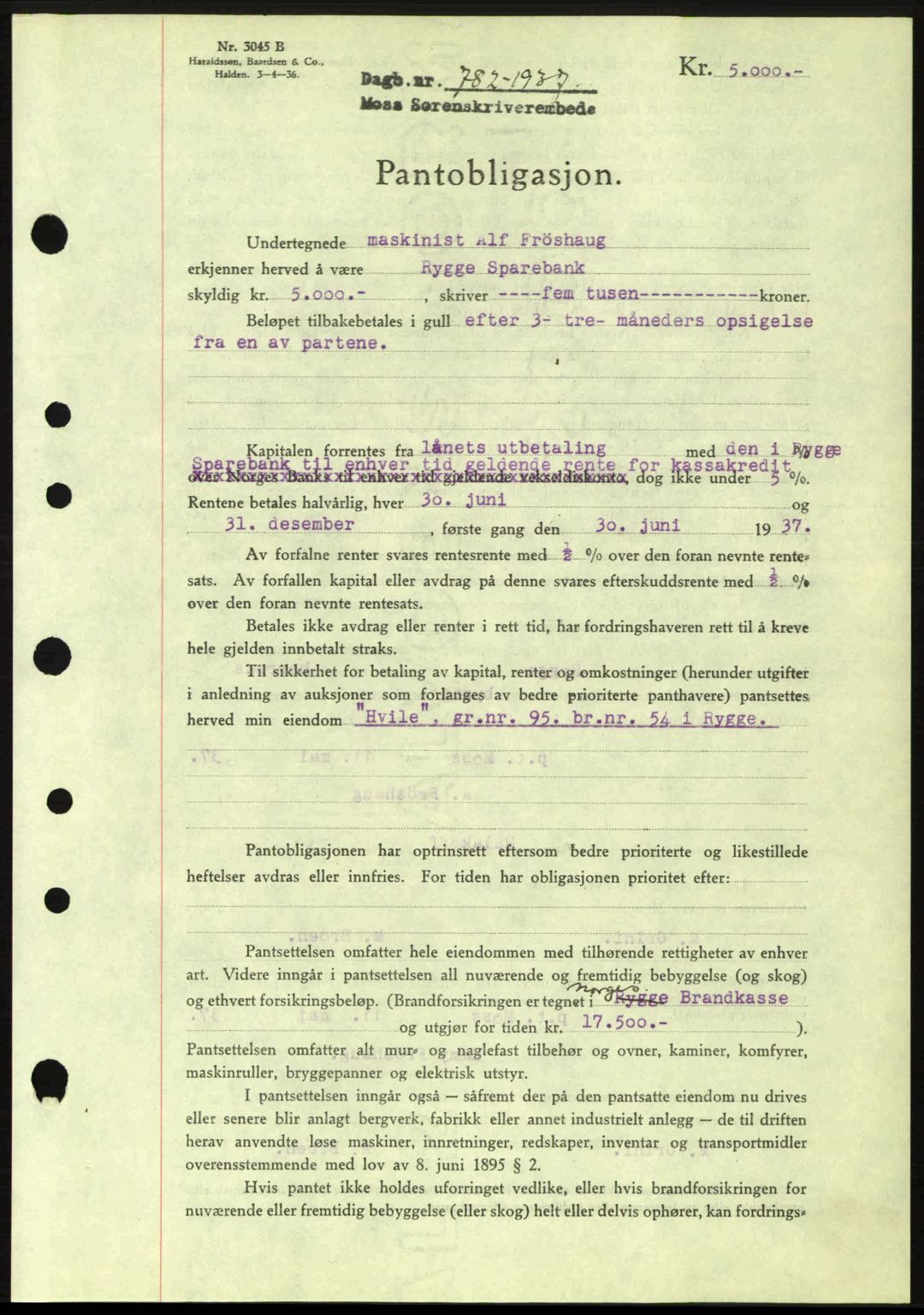 Moss sorenskriveri, SAO/A-10168: Pantebok nr. B3, 1937-1937, Dagboknr: 782/1937
