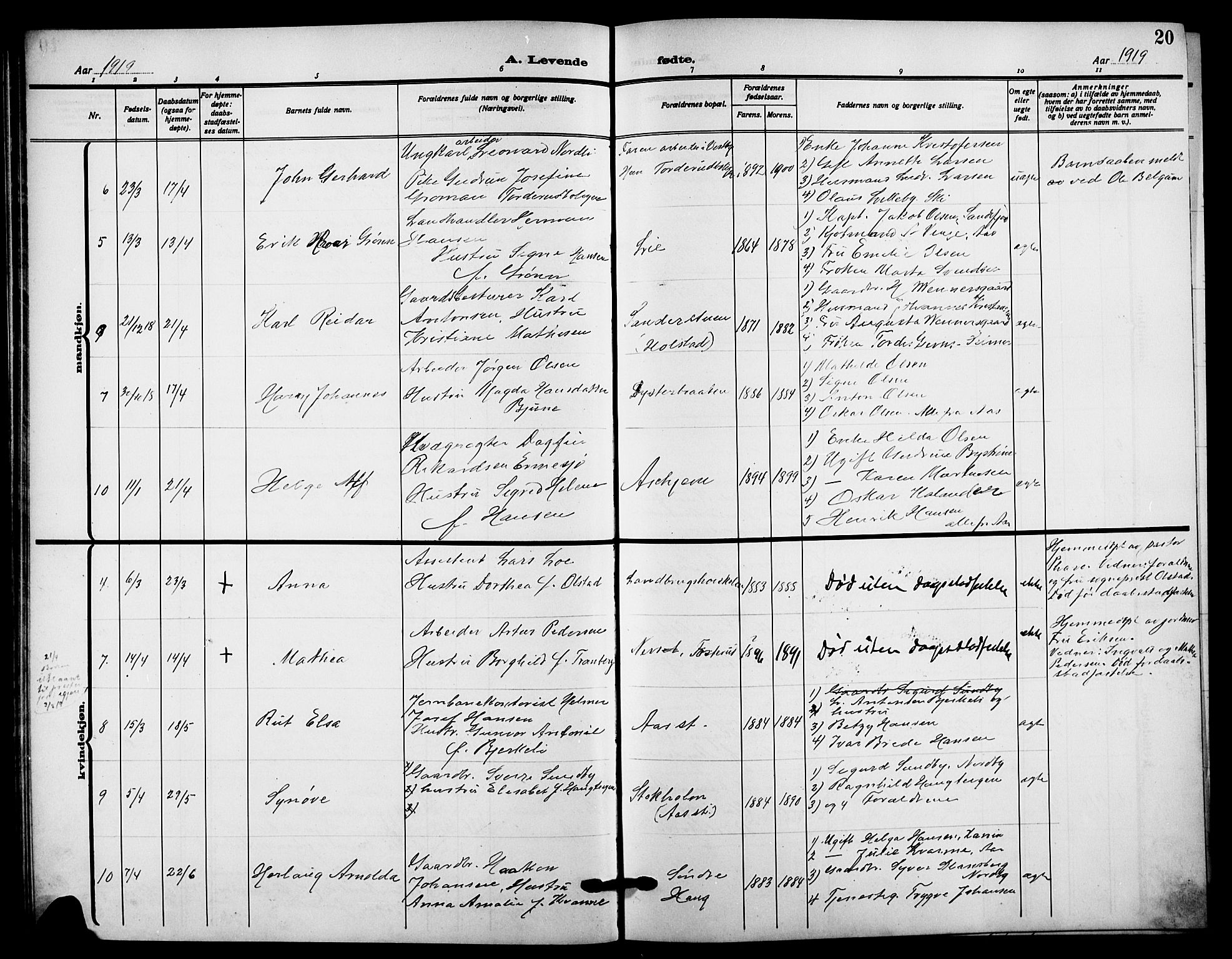 Ås prestekontor Kirkebøker, AV/SAO-A-10894/G/Ga/L0005: Klokkerbok nr. I 5, 1916-1924, s. 20