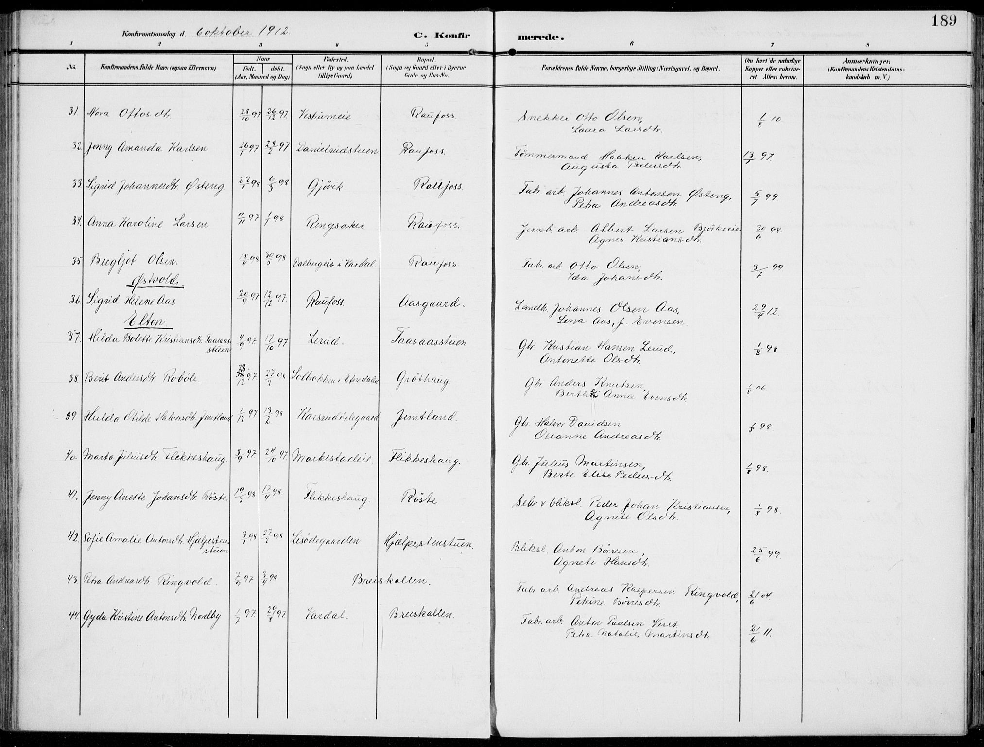 Vestre Toten prestekontor, SAH/PREST-108/H/Ha/Haa/L0014: Ministerialbok nr. 14, 1907-1920, s. 189