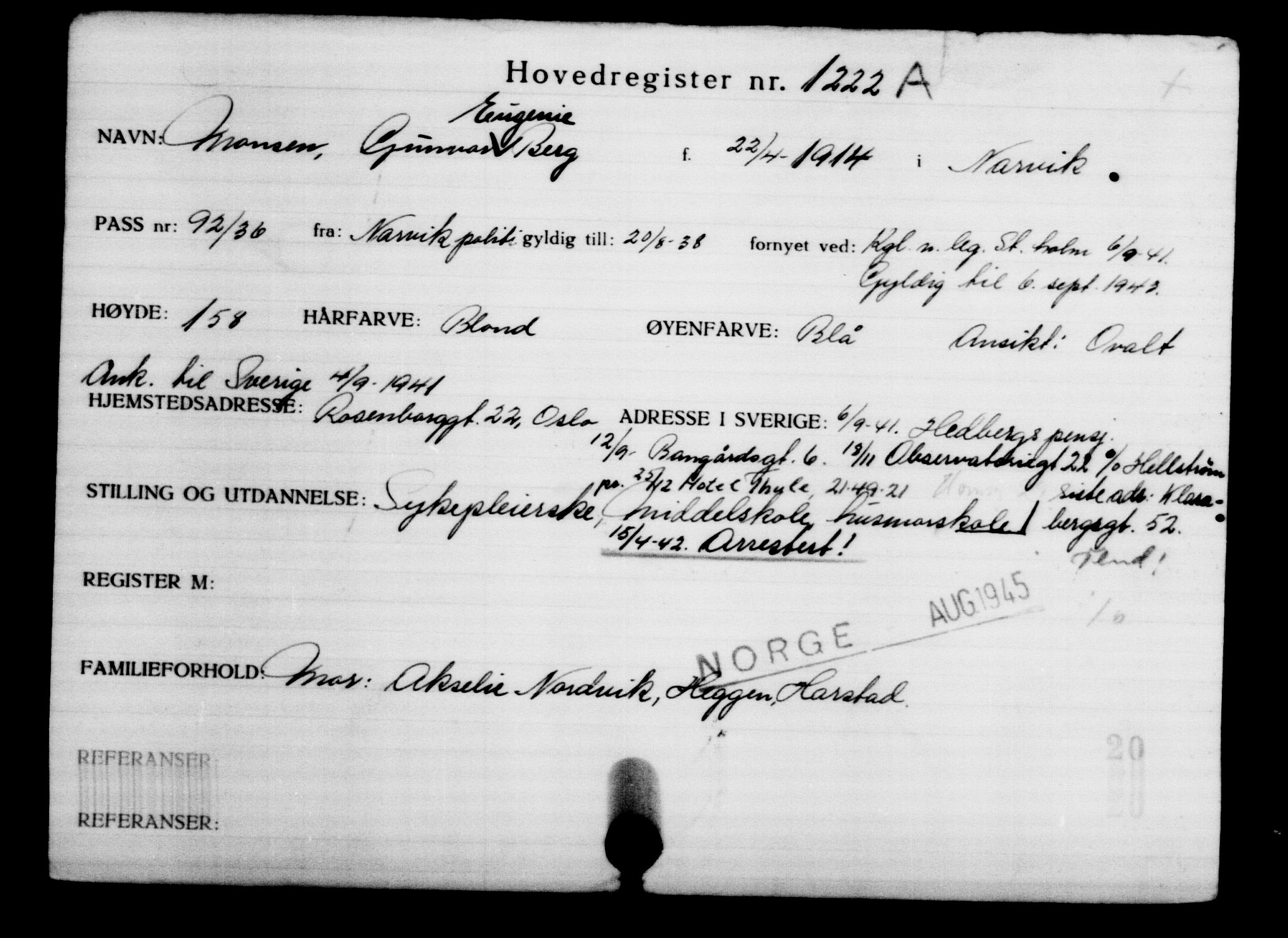 Utenriksstasjonene, Legasjonen i Stockholm, Flyktningkontoret, AV/RA-S-6753/V/Va/L0002: Kjesäterkartoteket, flyktninger med registreringsnr. 1001-2000, 1940-1945, s. 334