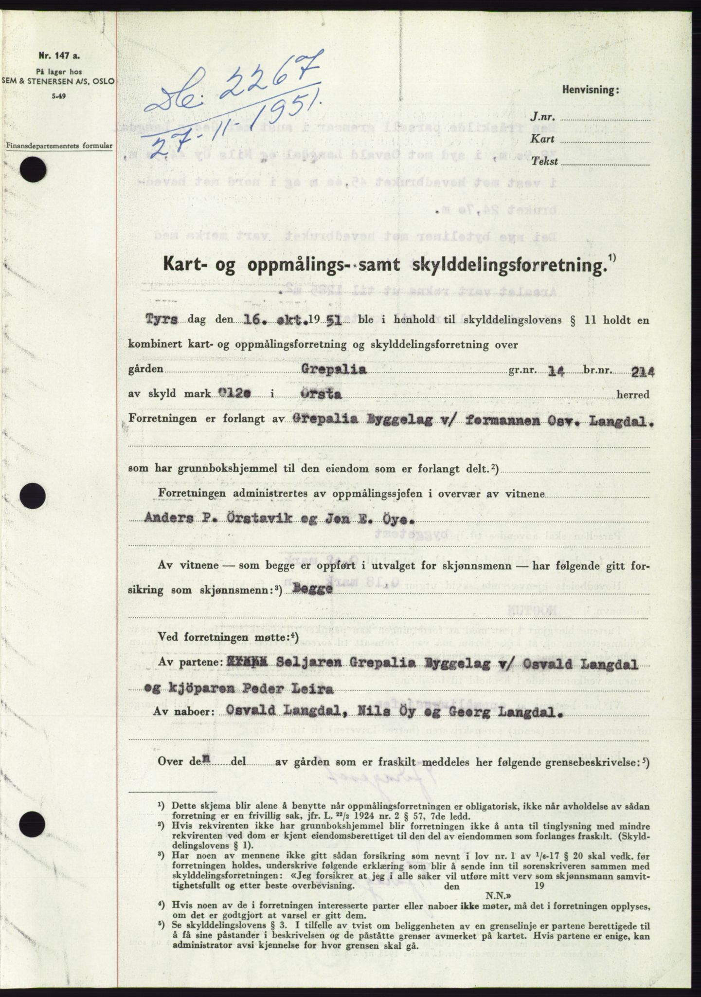 Søre Sunnmøre sorenskriveri, AV/SAT-A-4122/1/2/2C/L0090: Pantebok nr. 16A, 1951-1951, Dagboknr: 2267/1951