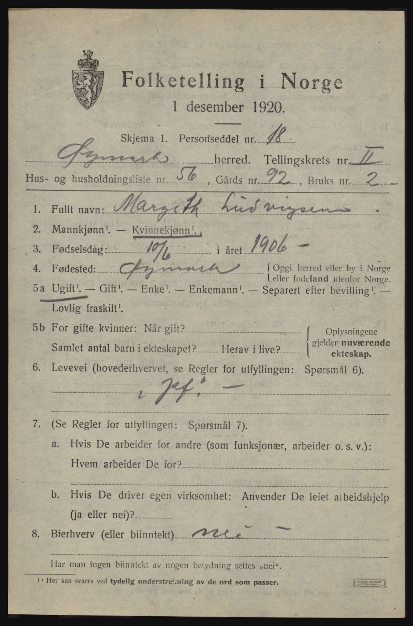 SAO, Folketelling 1920 for 0119 Øymark herred, 1920, s. 1927