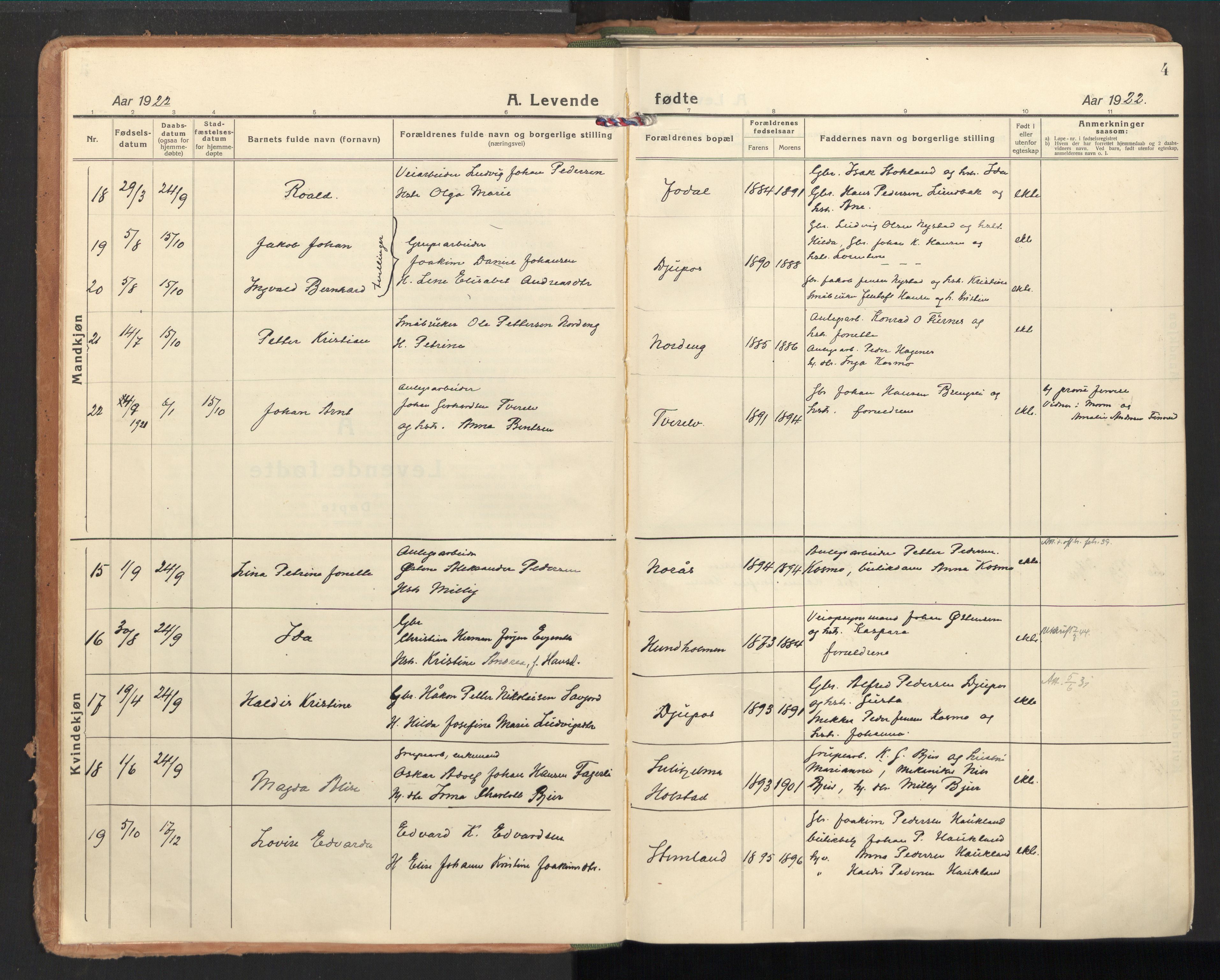 Ministerialprotokoller, klokkerbøker og fødselsregistre - Nordland, SAT/A-1459/851/L0725: Ministerialbok nr. 851A02, 1922-1944, s. 4