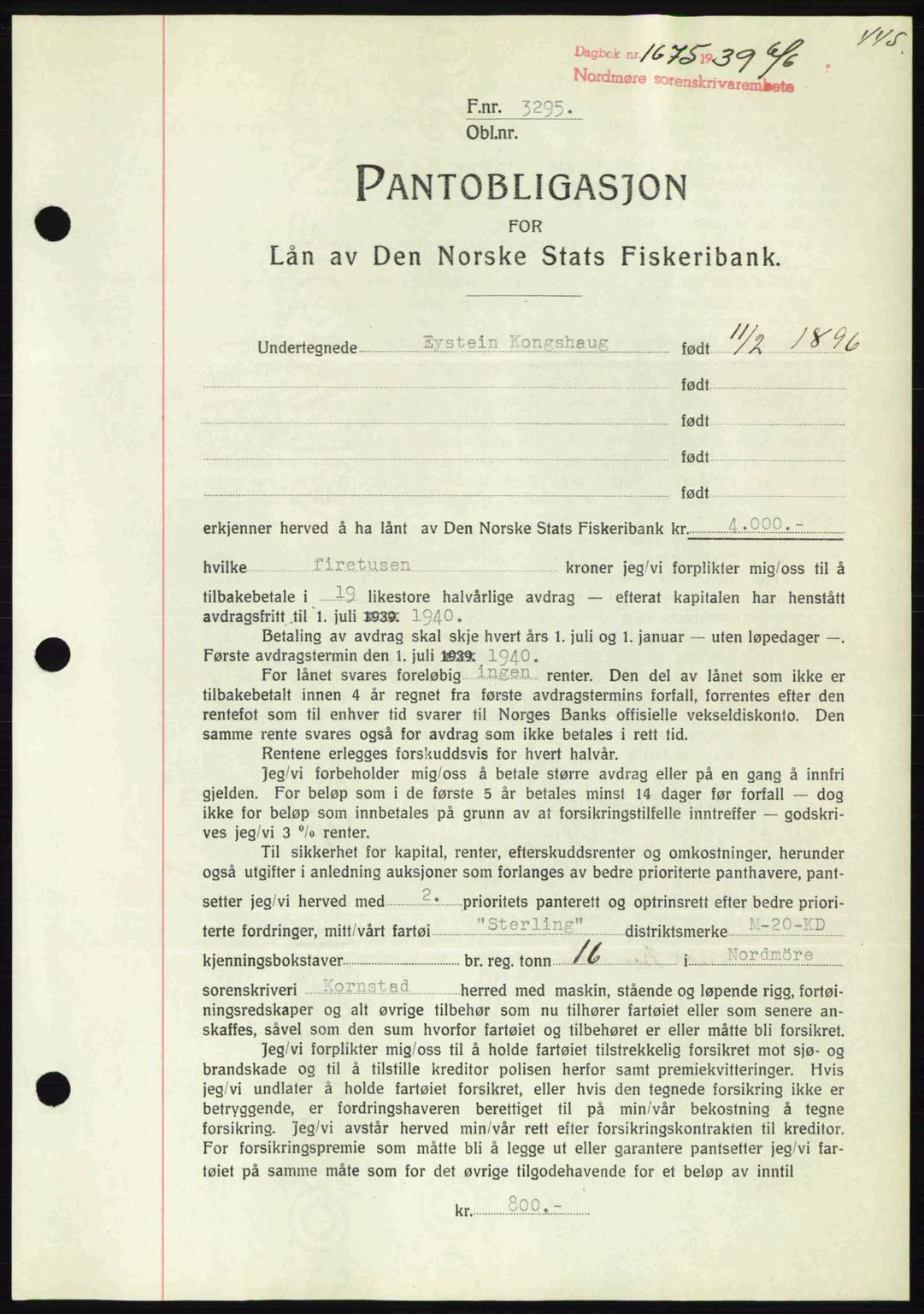 Nordmøre sorenskriveri, AV/SAT-A-4132/1/2/2Ca: Pantebok nr. B85, 1939-1939, Dagboknr: 1575/1939