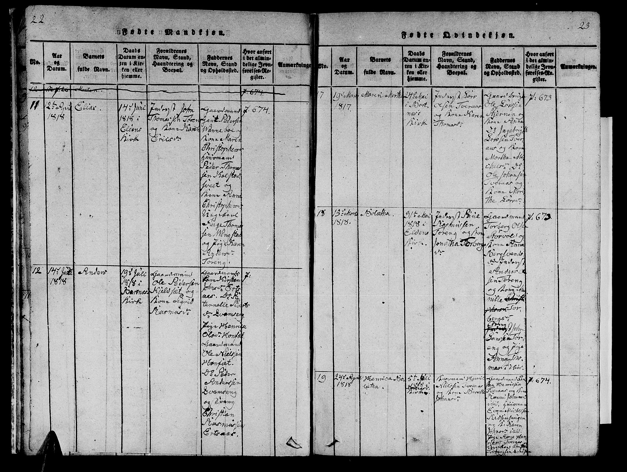 Ministerialprotokoller, klokkerbøker og fødselsregistre - Nord-Trøndelag, SAT/A-1458/741/L0400: Klokkerbok nr. 741C01, 1817-1825, s. 22-23