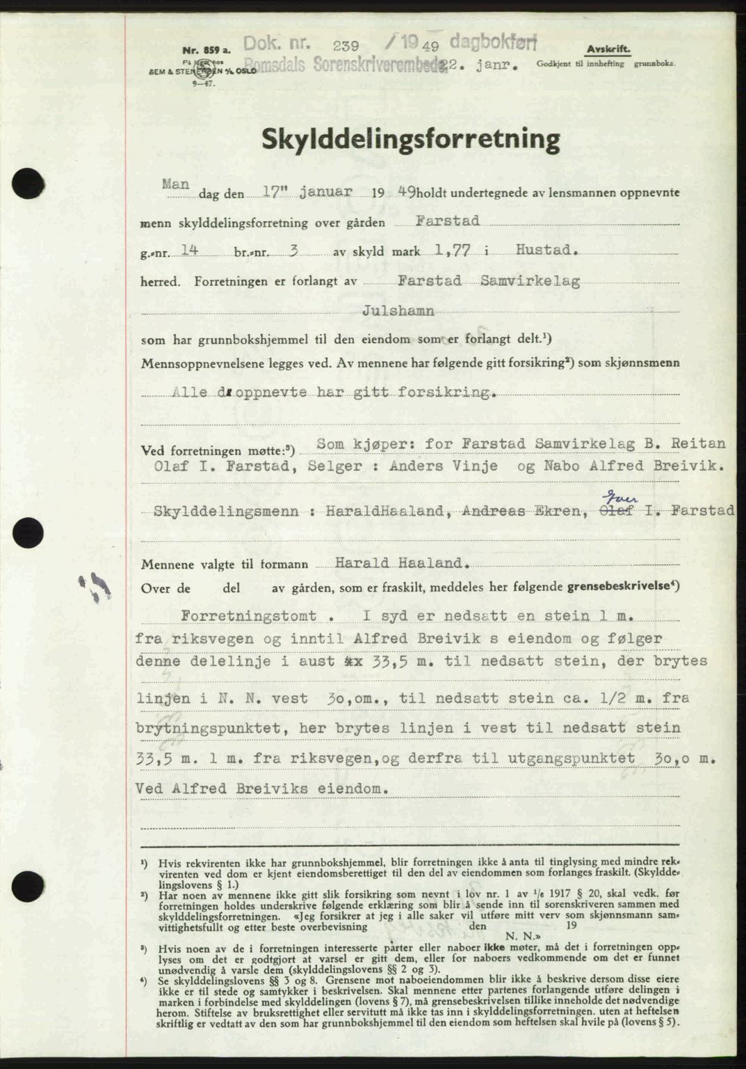 Romsdal sorenskriveri, AV/SAT-A-4149/1/2/2C: Pantebok nr. A28, 1948-1949, Dagboknr: 239/1949