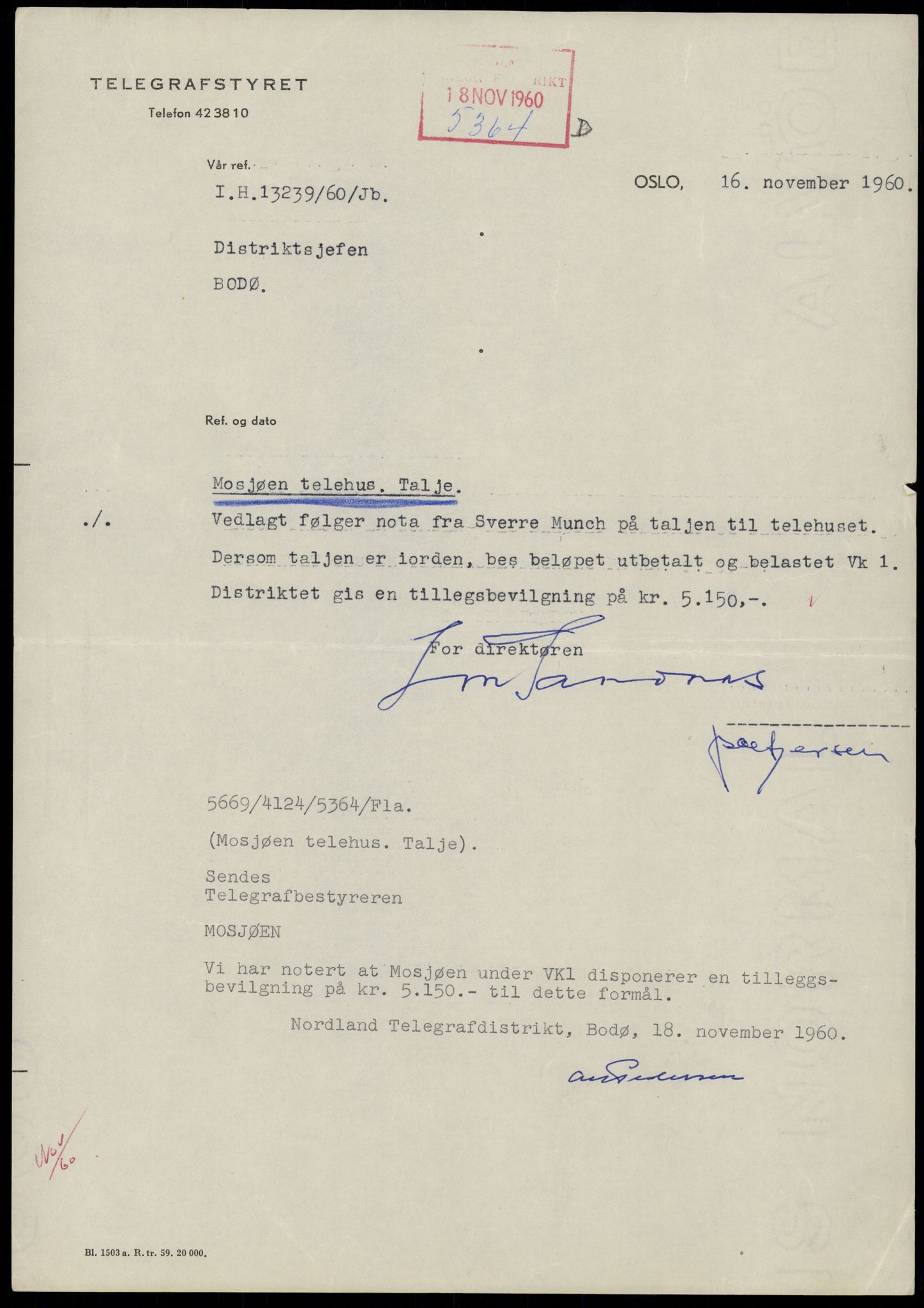 Televerket, Mosjøen telegrafstasjon, SAT/A-5300/F/L0031: Korrespondanse, tegninger og kart angående Mosjøen telehus, 1957-1964, s. 2