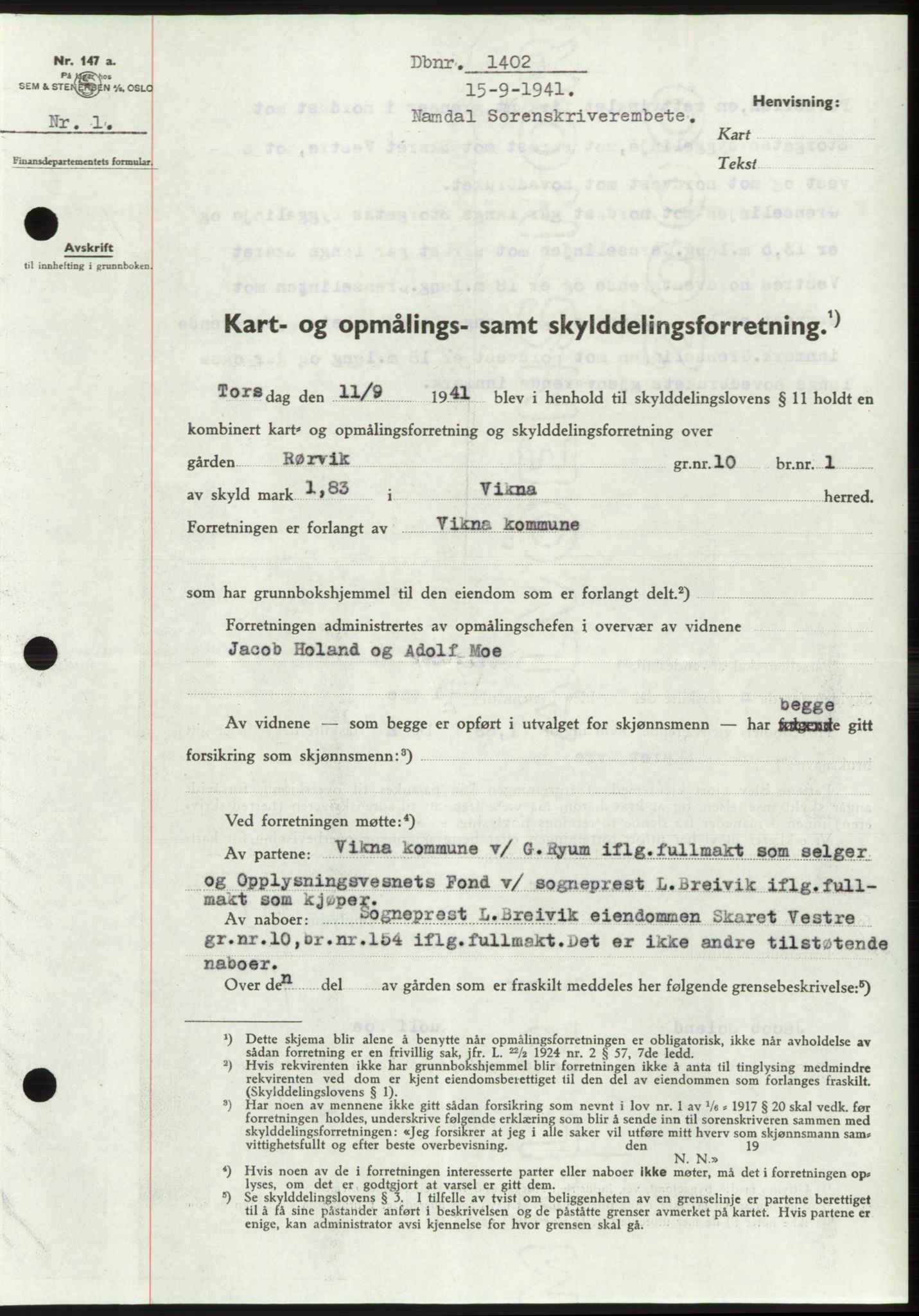 Namdal sorenskriveri, SAT/A-4133/1/2/2C: Pantebok nr. -, 1941-1942, Dagboknr: 1402/1941