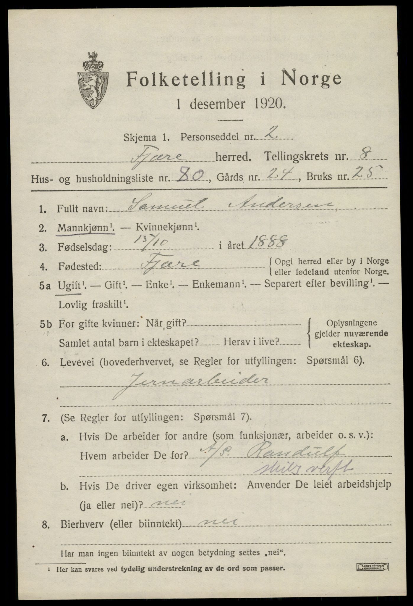 SAK, Folketelling 1920 for 0923 Fjære herred, 1920, s. 11077