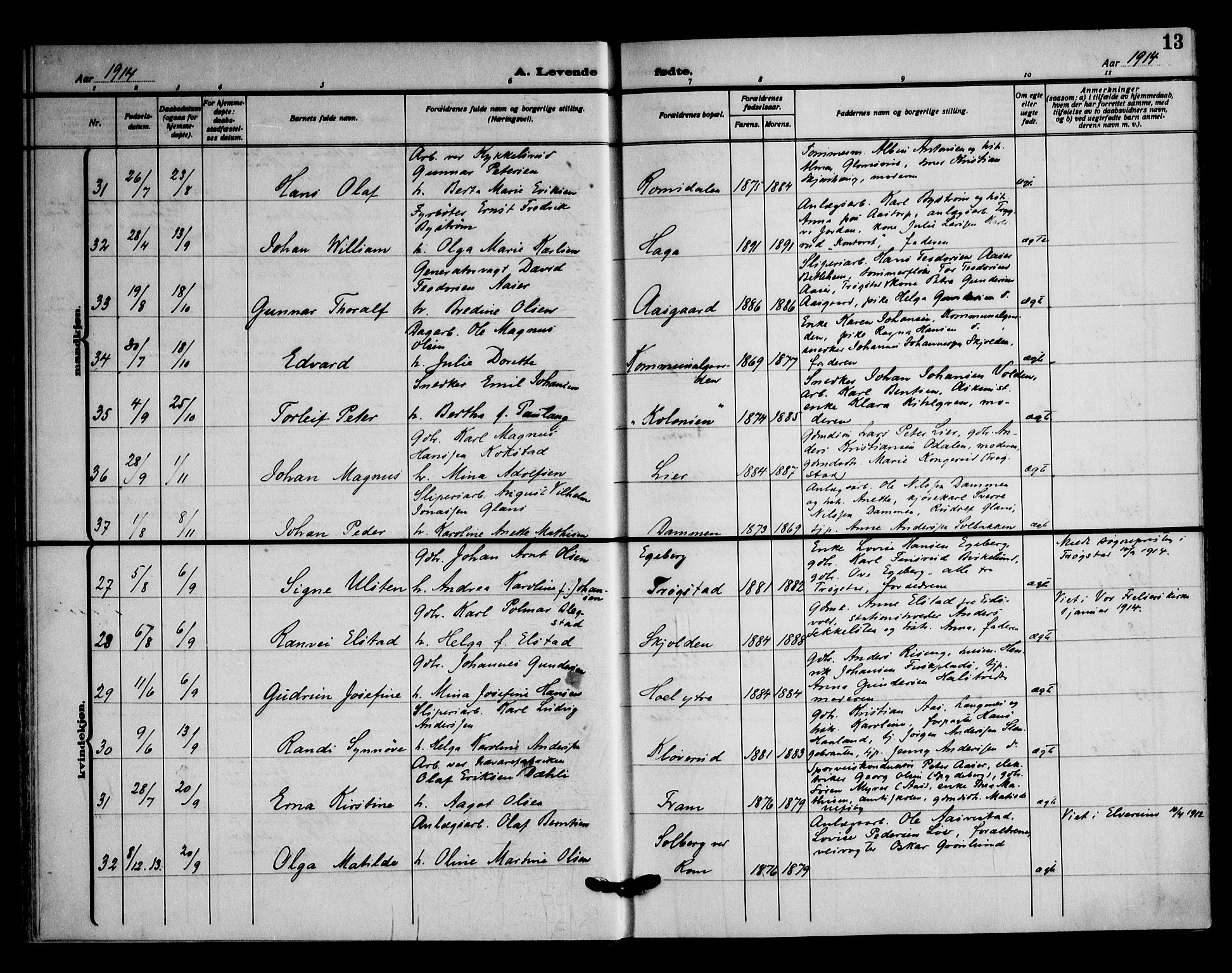 Askim prestekontor Kirkebøker, AV/SAO-A-10900/F/Fa/L0009: Ministerialbok nr. 9, 1913-1923, s. 13