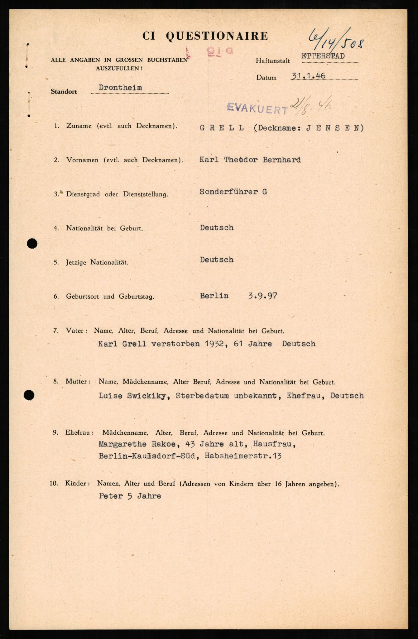 Forsvaret, Forsvarets overkommando II, AV/RA-RAFA-3915/D/Db/L0010: CI Questionaires. Tyske okkupasjonsstyrker i Norge. Tyskere., 1945-1946, s. 153