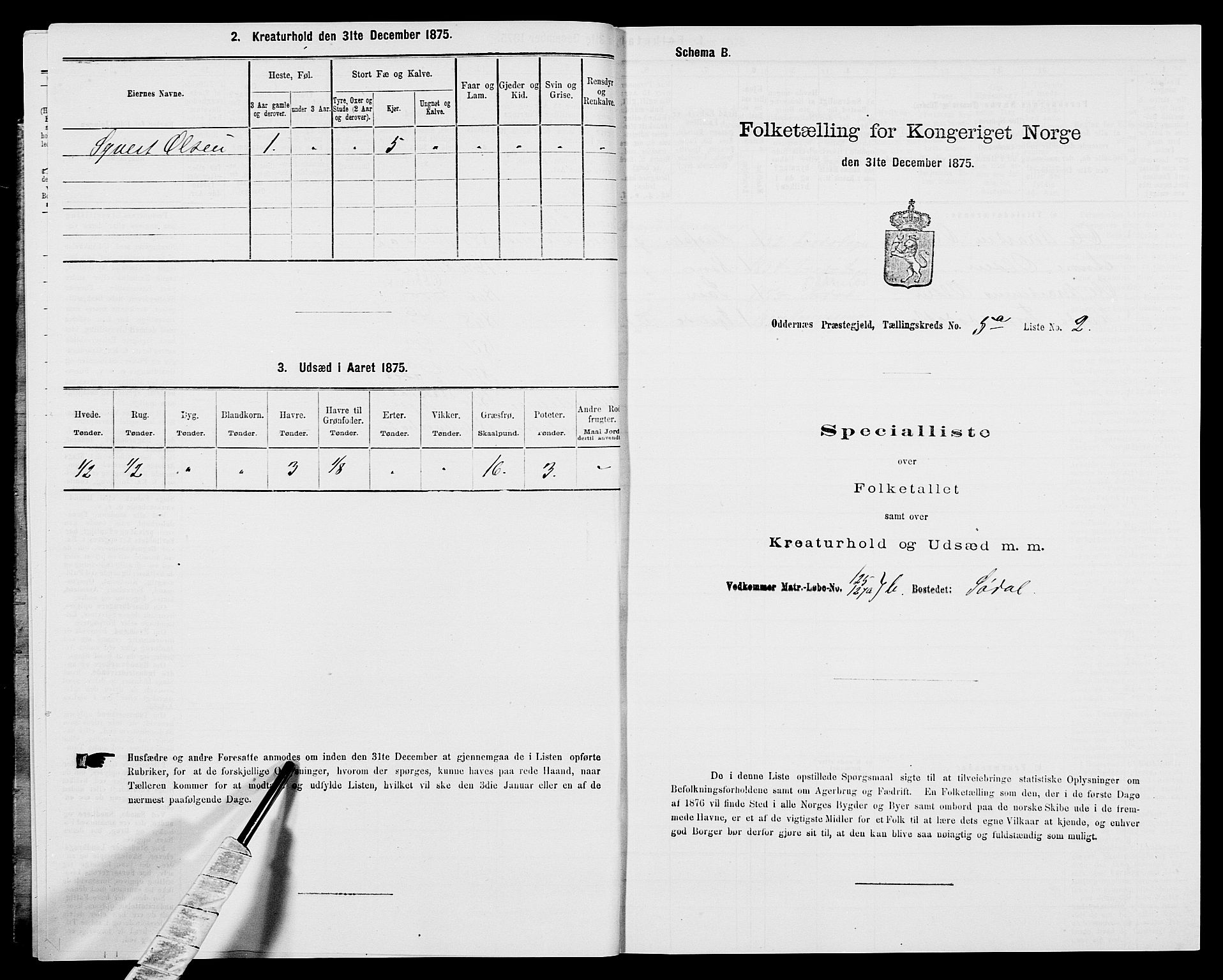 SAK, Folketelling 1875 for 1012P Oddernes prestegjeld, 1875, s. 727