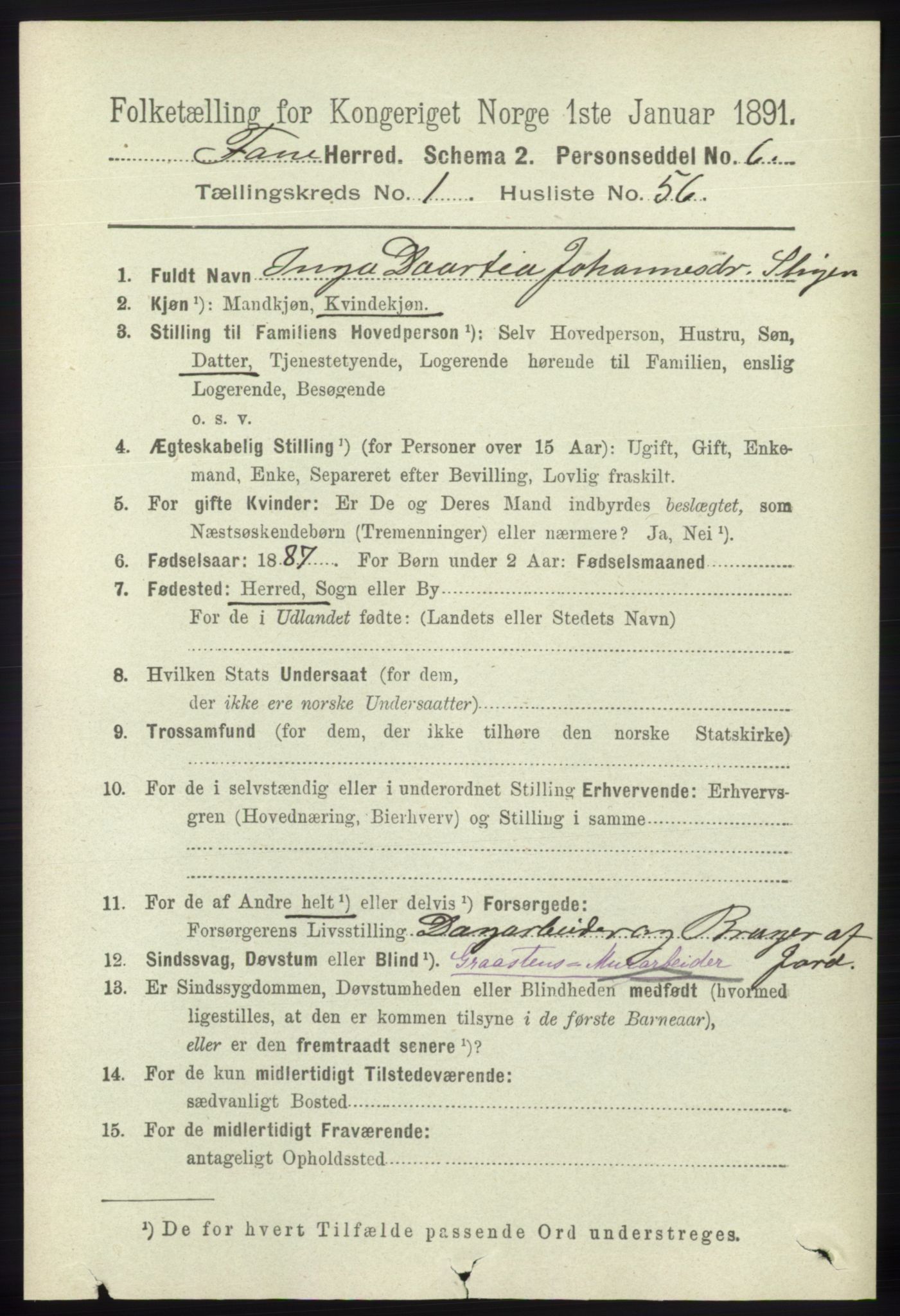 RA, Folketelling 1891 for 1249 Fana herred, 1891, s. 488