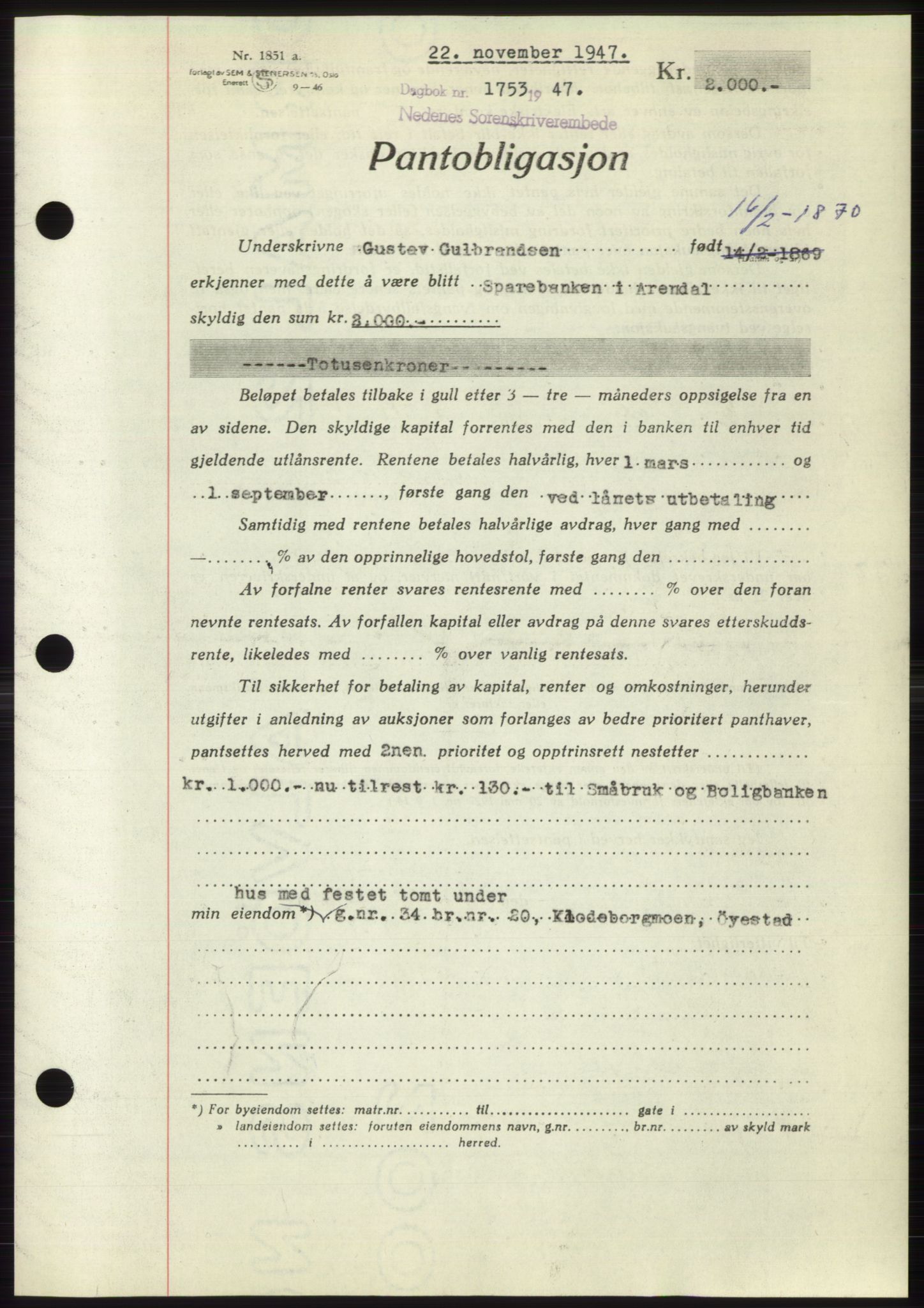 Nedenes sorenskriveri, AV/SAK-1221-0006/G/Gb/Gbb/L0004: Pantebok nr. B4, 1947-1947, Dagboknr: 1753/1947