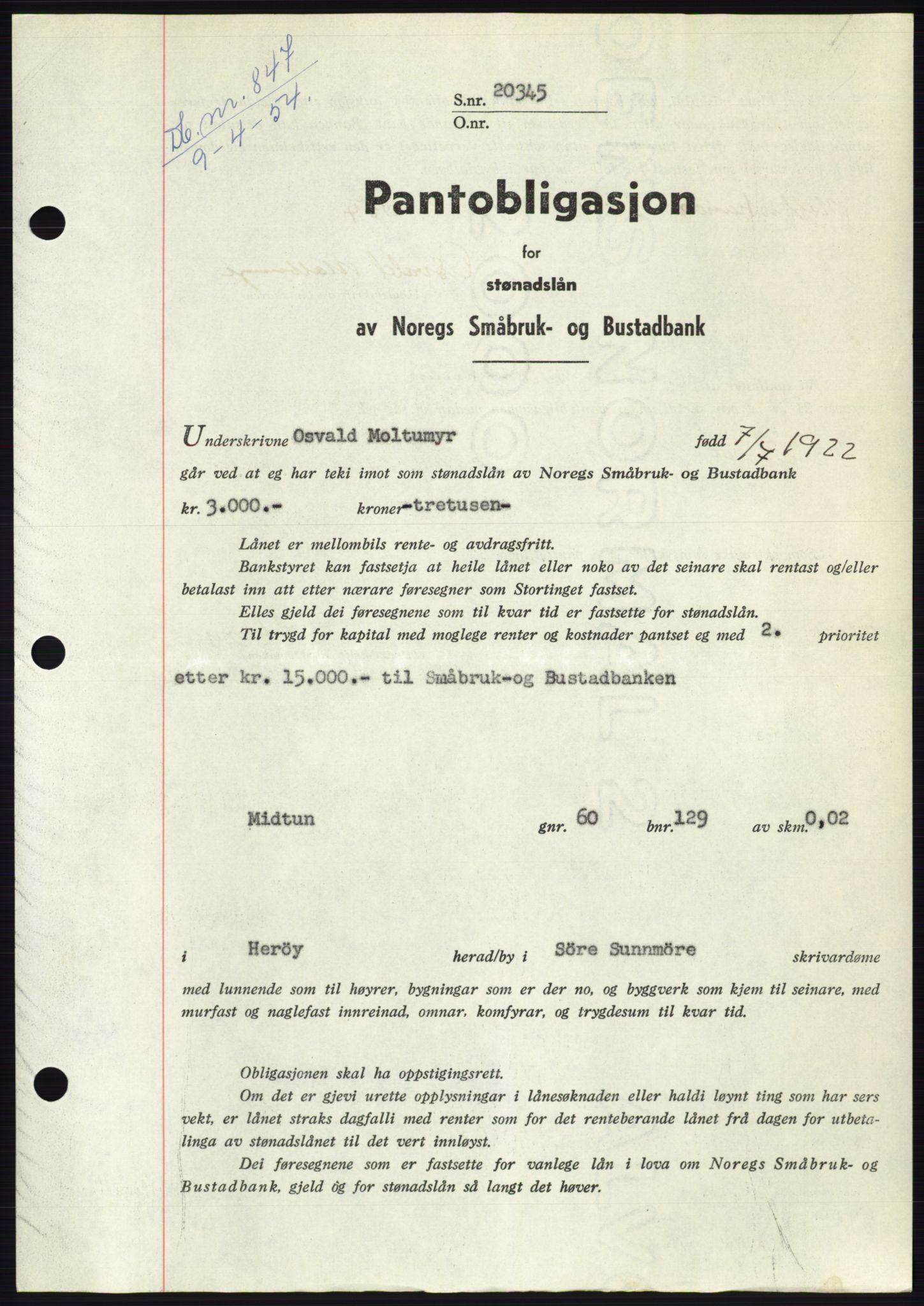 Søre Sunnmøre sorenskriveri, SAT/A-4122/1/2/2C/L0124: Pantebok nr. 12B, 1953-1954, Dagboknr: 847/1954