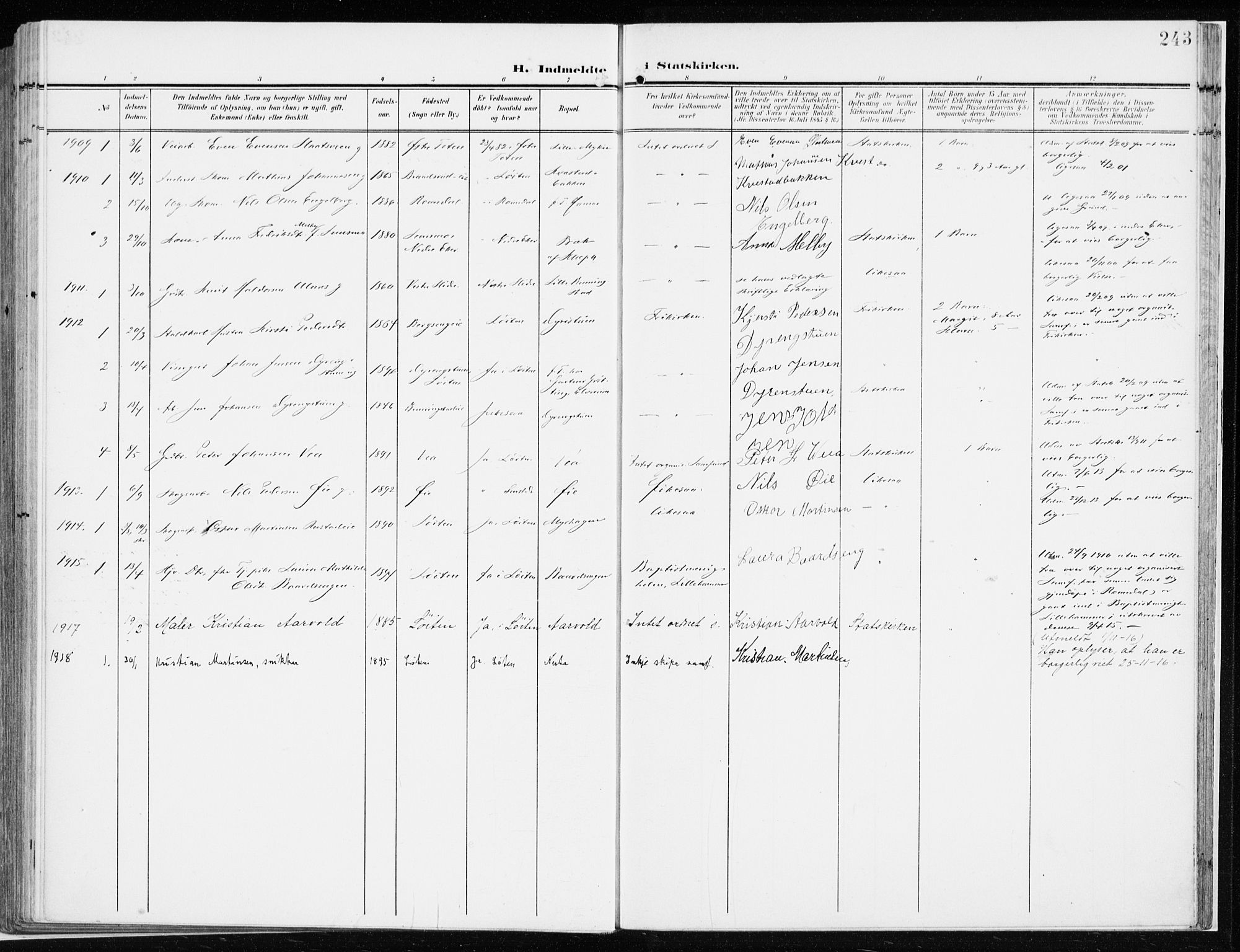 Løten prestekontor, AV/SAH-PREST-022/K/Ka/L0011: Ministerialbok nr. 11, 1908-1917, s. 243