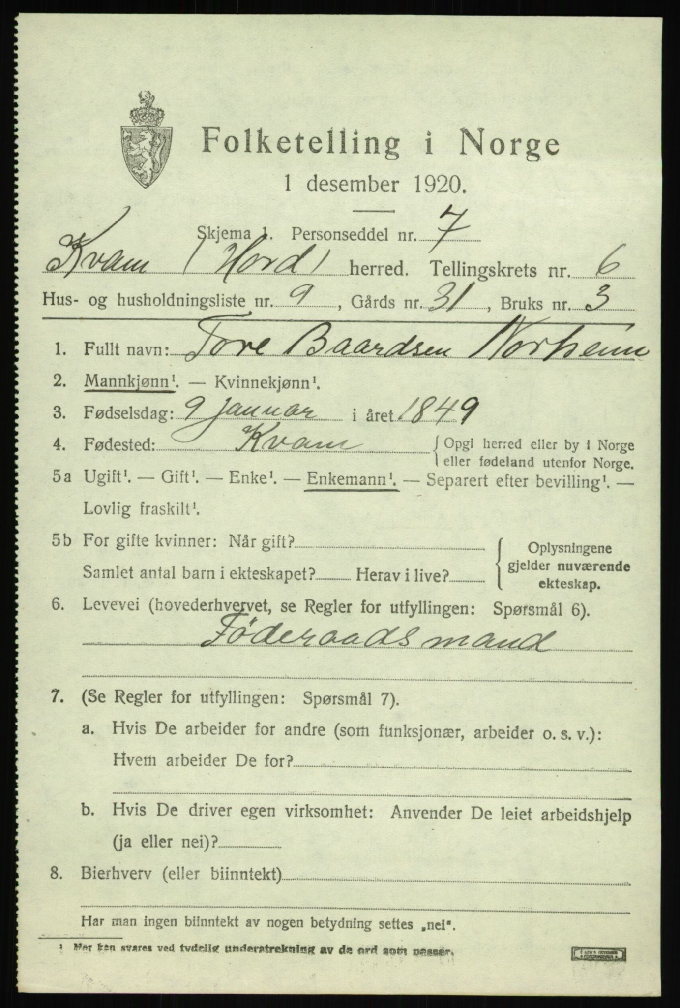 SAB, Folketelling 1920 for 1238 Kvam herred, 1920, s. 4509