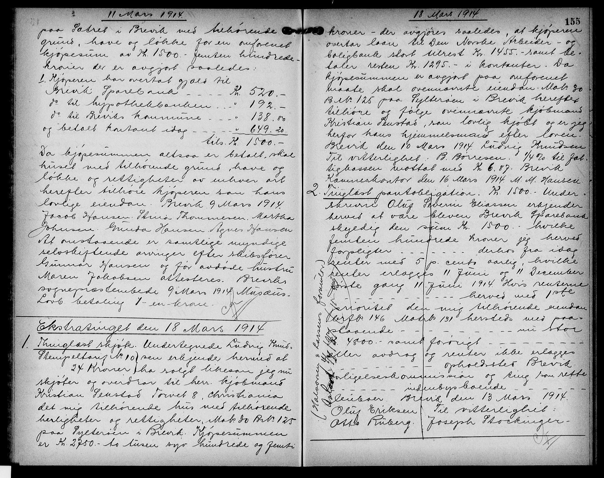 Bamble sorenskriveri, SAKO/A-214/G/Ga/Gaf/L0010: Pantebok nr. VI 10, 1910-1916, s. 155