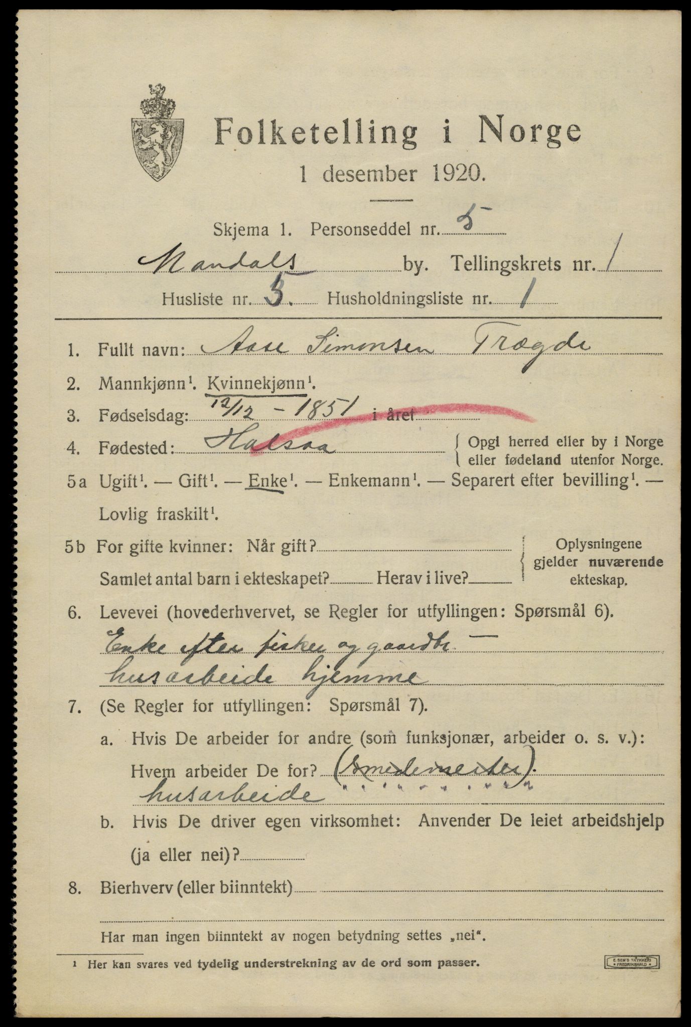 SAK, Folketelling 1920 for 1002 Mandal ladested, 1920, s. 3297