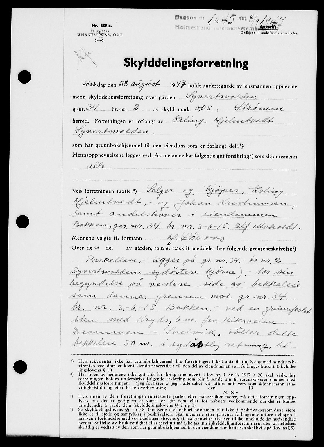 Holmestrand sorenskriveri, SAKO/A-67/G/Ga/Gaa/L0062: Pantebok nr. A-62, 1947-1947, Dagboknr: 1645/1947