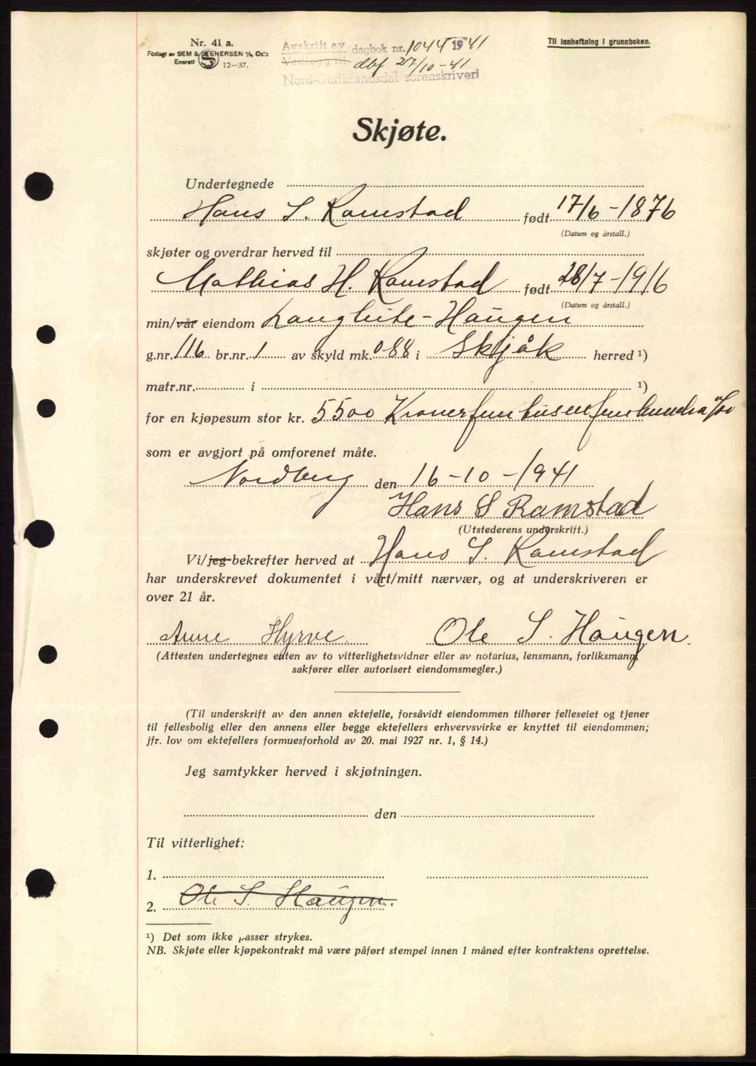 Nord-Gudbrandsdal tingrett, SAH/TING-002/H/Hb/Hbb/L0007: Pantebok nr. FA7, 1941-1941, Dagboknr: 1044/1941