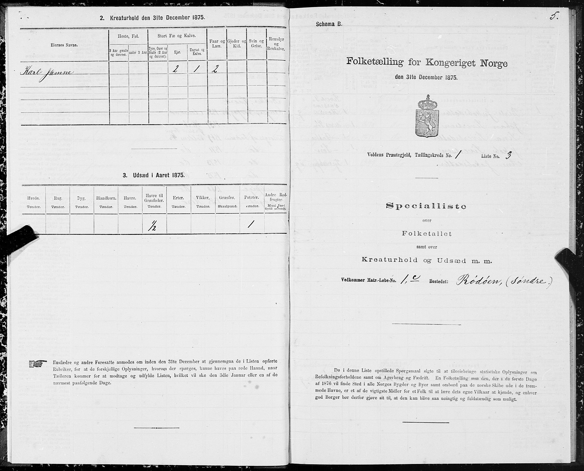 SAT, Folketelling 1875 for 1519P Volda prestegjeld, 1875, s. 1005