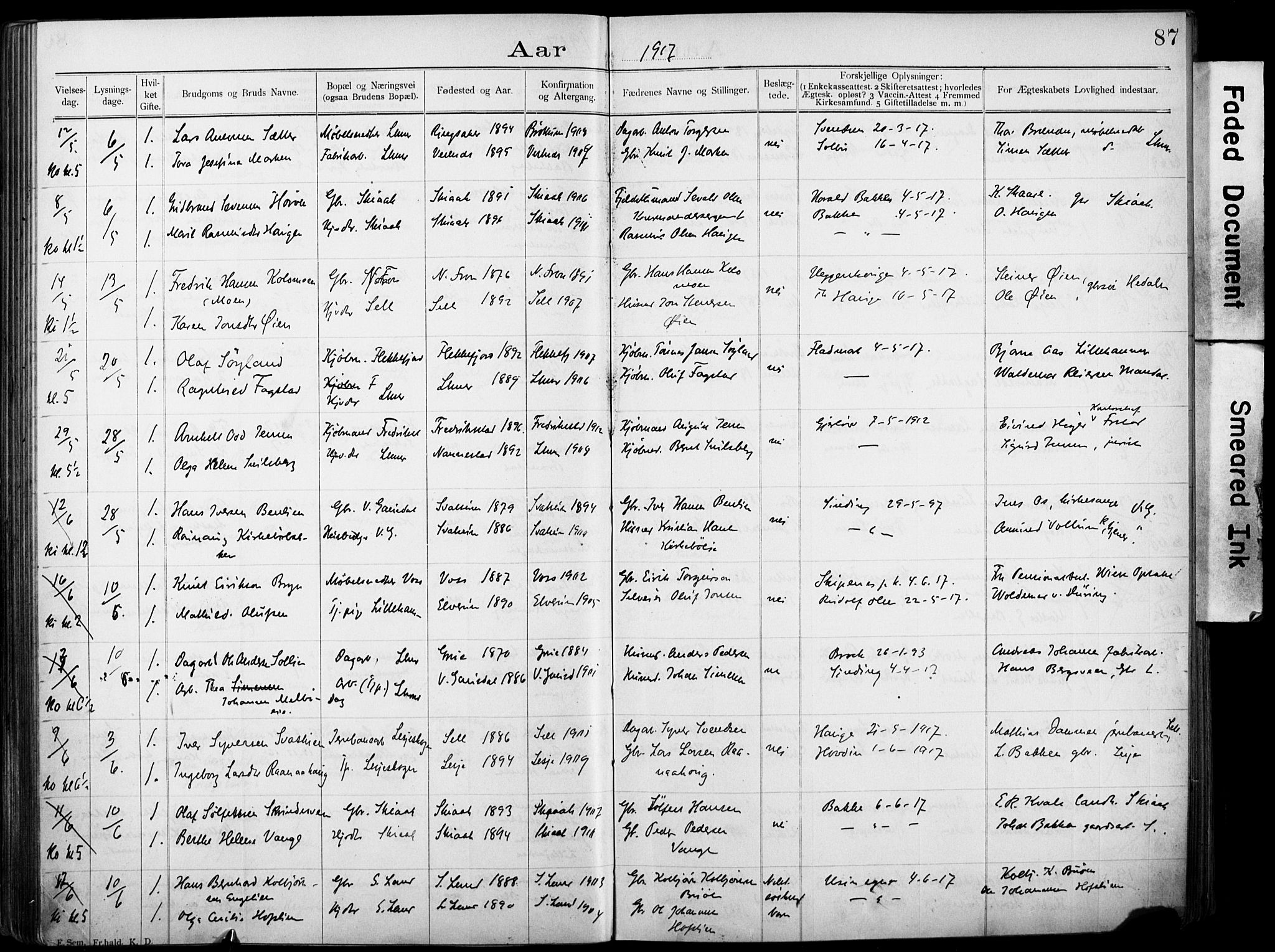 Lillehammer prestekontor, AV/SAH-PREST-088/I/Ie: Lysningsprotokoll nr. 1, 1903-1932, s. 87
