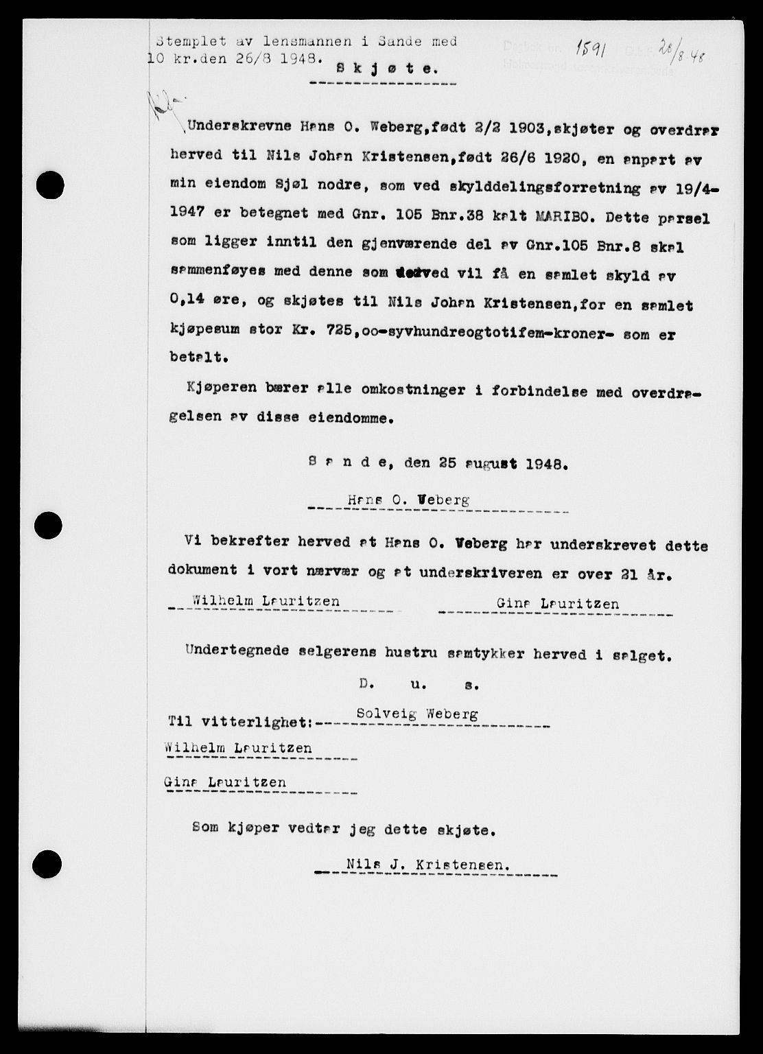 Holmestrand sorenskriveri, SAKO/A-67/G/Ga/Gaa/L0064: Pantebok nr. A-64, 1948-1948, Dagboknr: 1591/1948