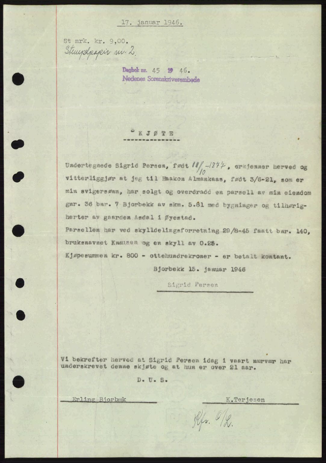 Nedenes sorenskriveri, SAK/1221-0006/G/Gb/Gba/L0054: Pantebok nr. A6c, 1946-1946, Dagboknr: 45/1946