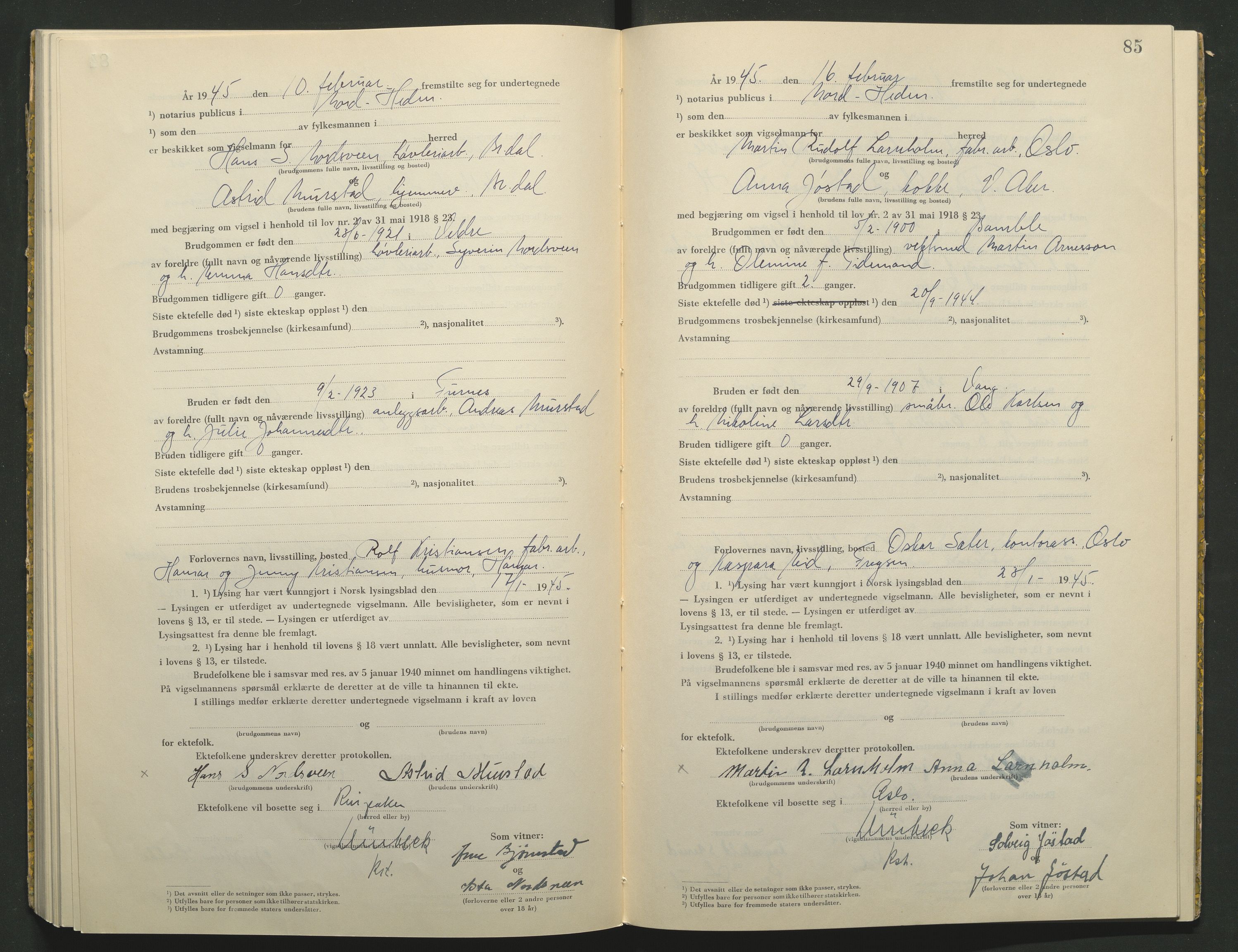 Nord-Hedmark sorenskriveri, AV/SAH-TING-012/L/Lc/L0001/0004: Vigselsprotokoller / Vigselsprotokoll, 1944-1945, s. 85