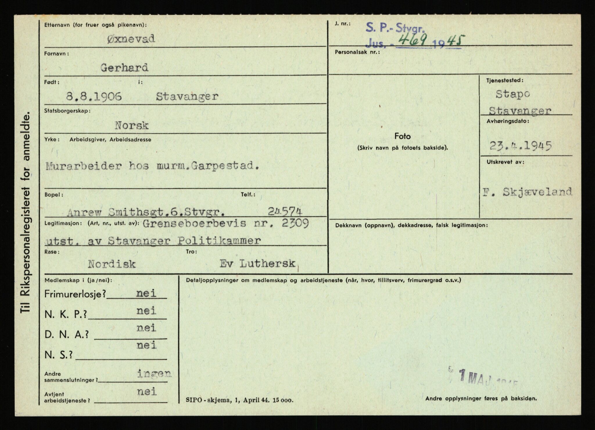 Statspolitiet - Hovedkontoret / Osloavdelingen, AV/RA-S-1329/C/Ca/L0016: Uberg - Øystese, 1943-1945, s. 4178