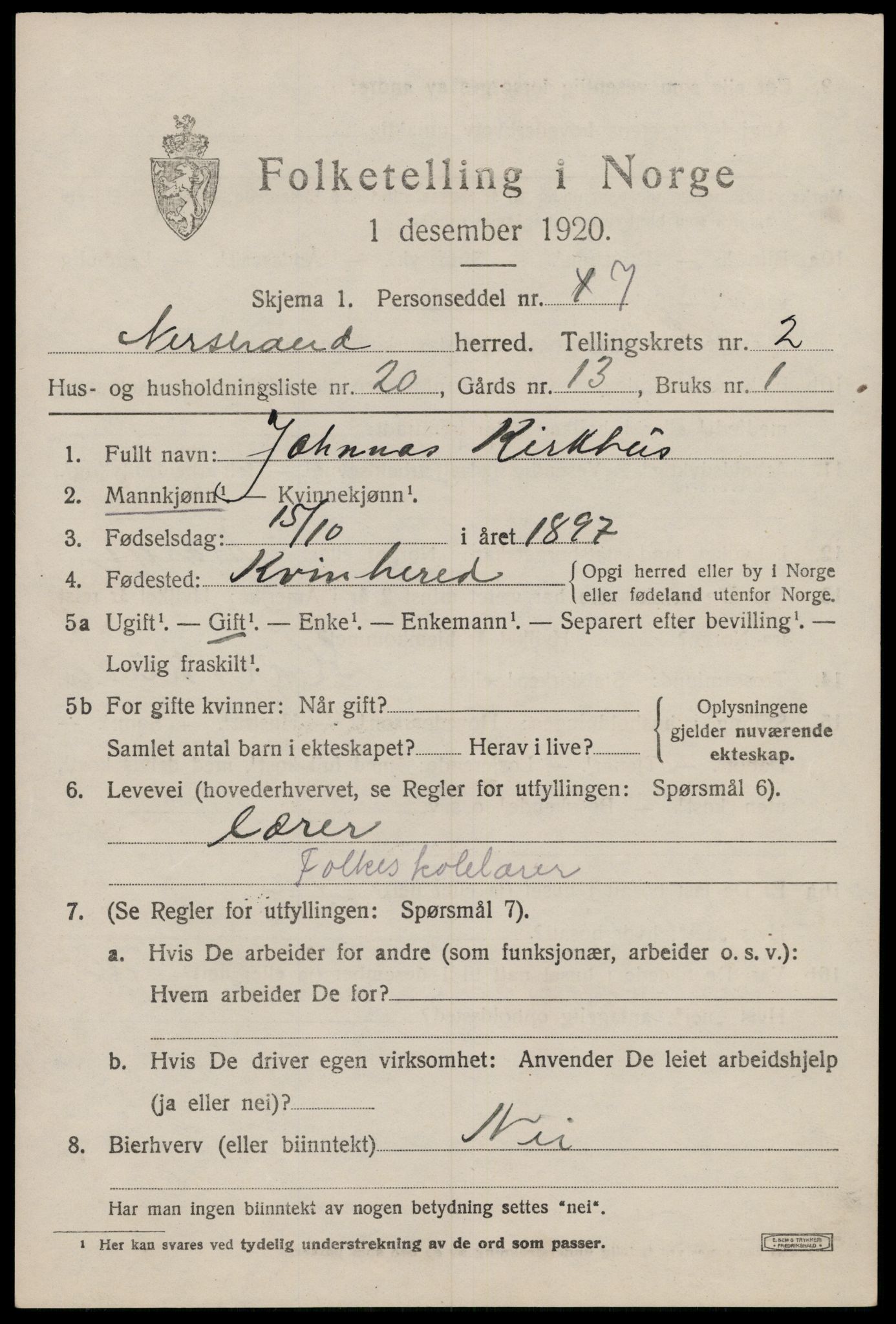 SAST, Folketelling 1920 for 1139 Nedstrand herred, 1920, s. 1197