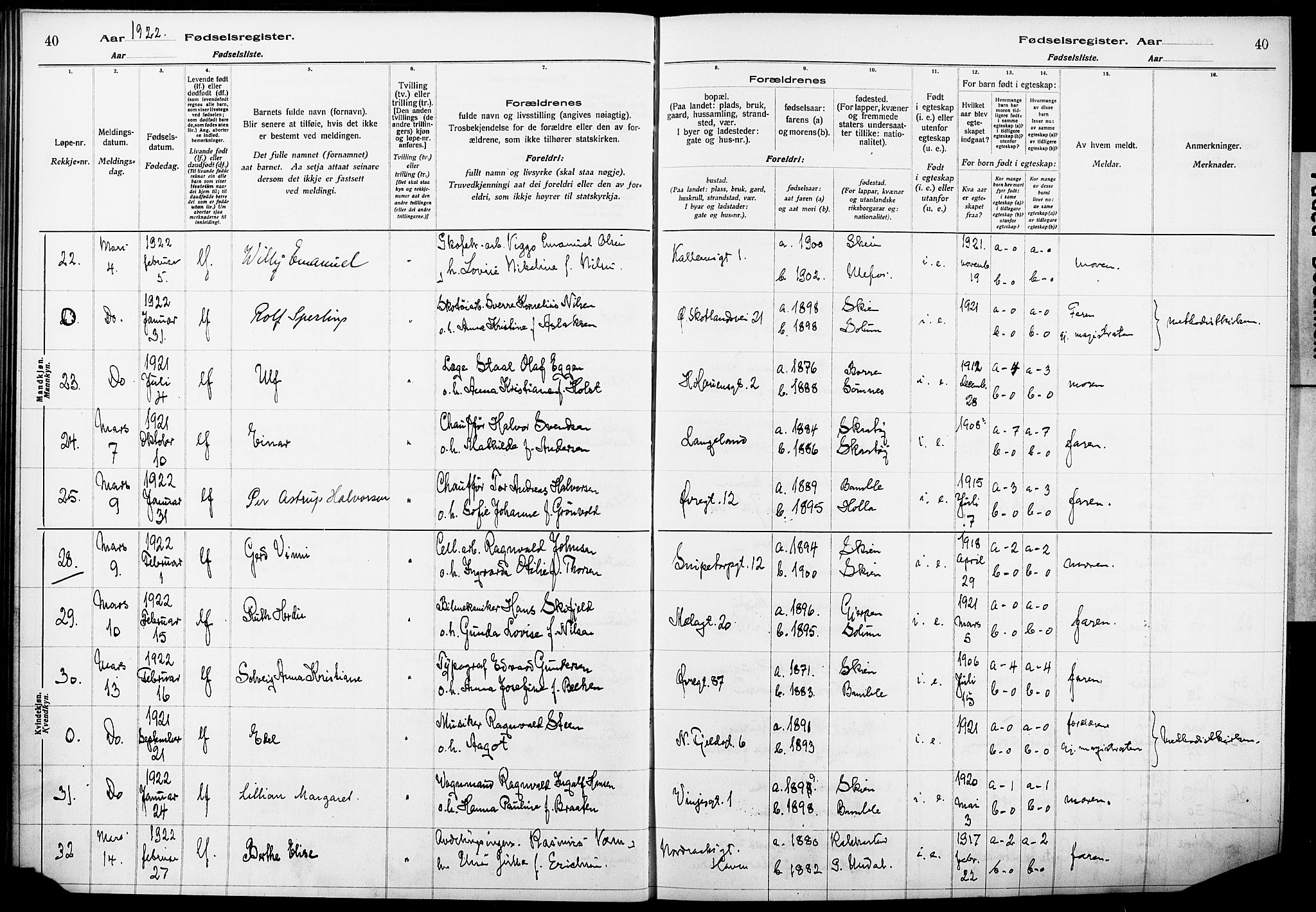 Skien kirkebøker, AV/SAKO-A-302/J/Ja/L0002: Fødselsregister nr. 2, 1921-1927, s. 40