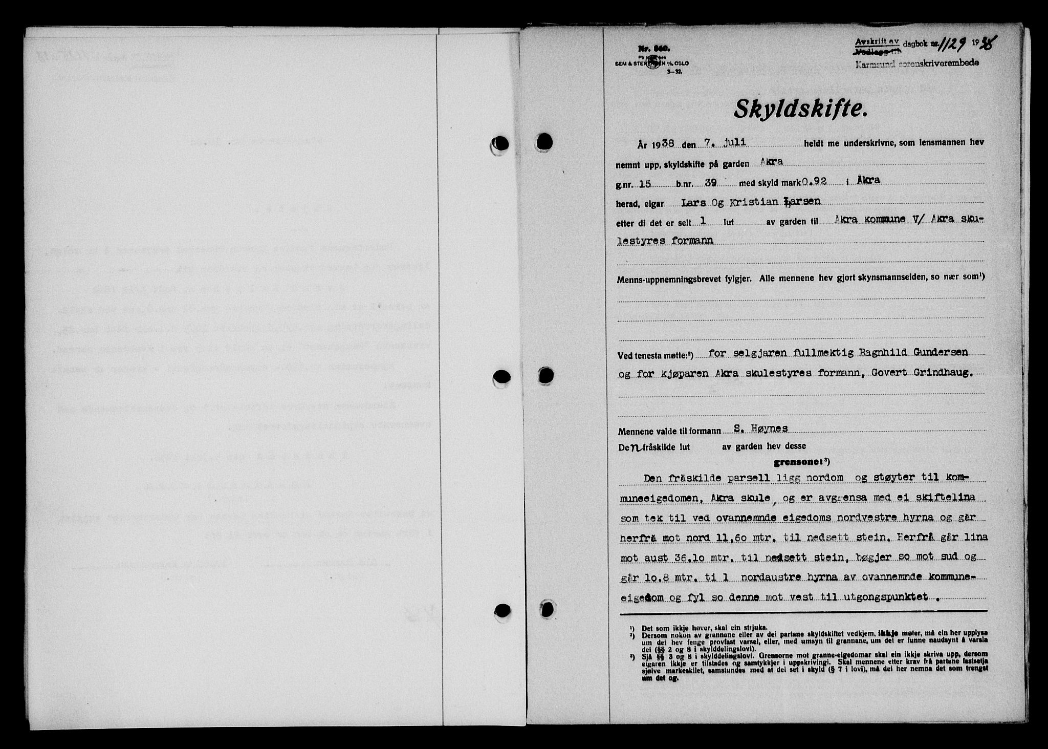 Karmsund sorenskriveri, SAST/A-100311/01/II/IIB/L0069: Pantebok nr. 50A, 1937-1938, Dagboknr: 1129/1938