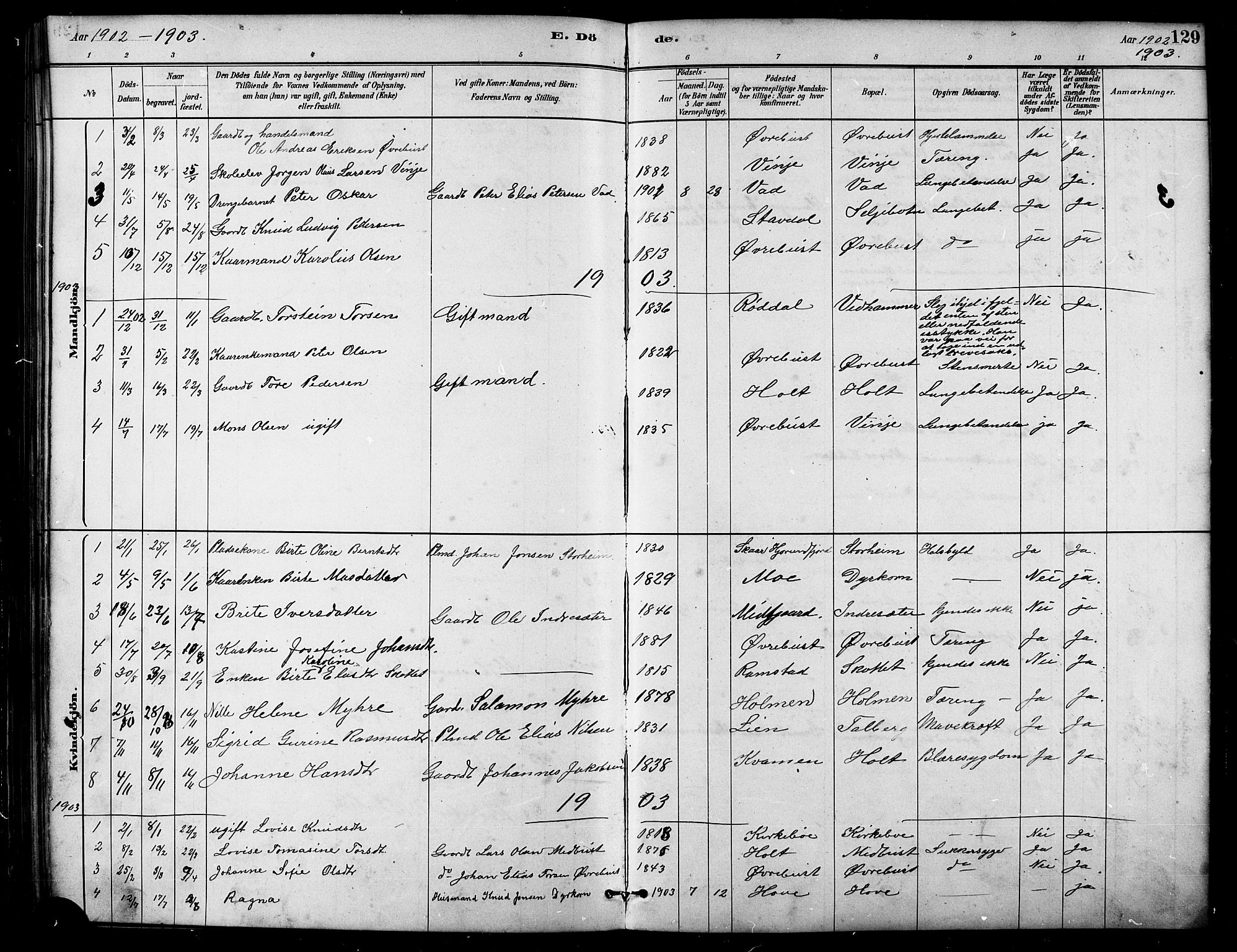 Ministerialprotokoller, klokkerbøker og fødselsregistre - Møre og Romsdal, SAT/A-1454/521/L0302: Klokkerbok nr. 521C03, 1882-1907, s. 129