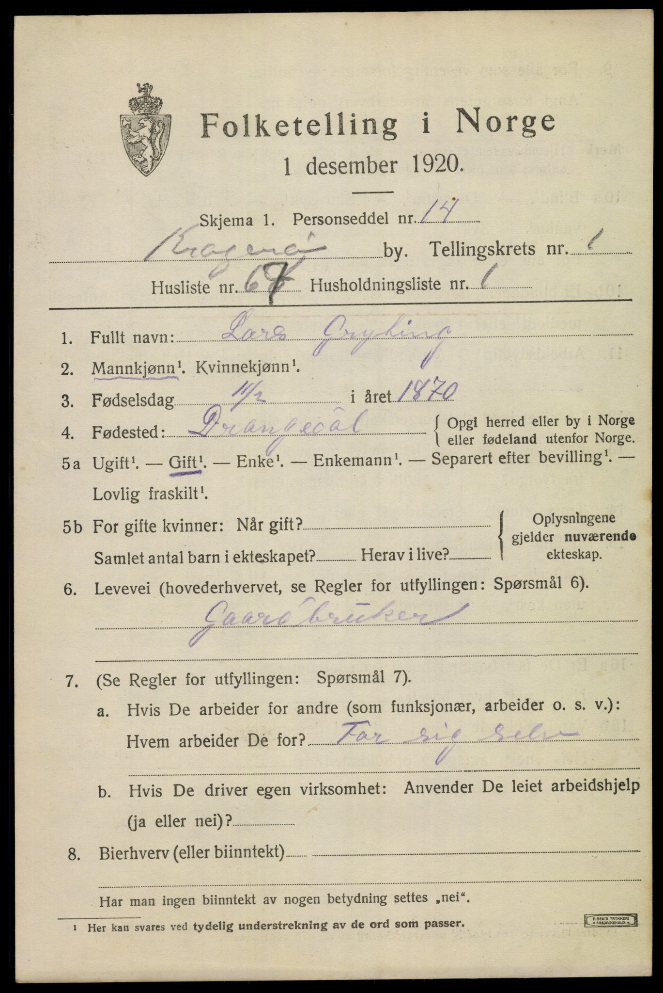 SAKO, Folketelling 1920 for 0801 Kragerø kjøpstad, 1920, s. 4991