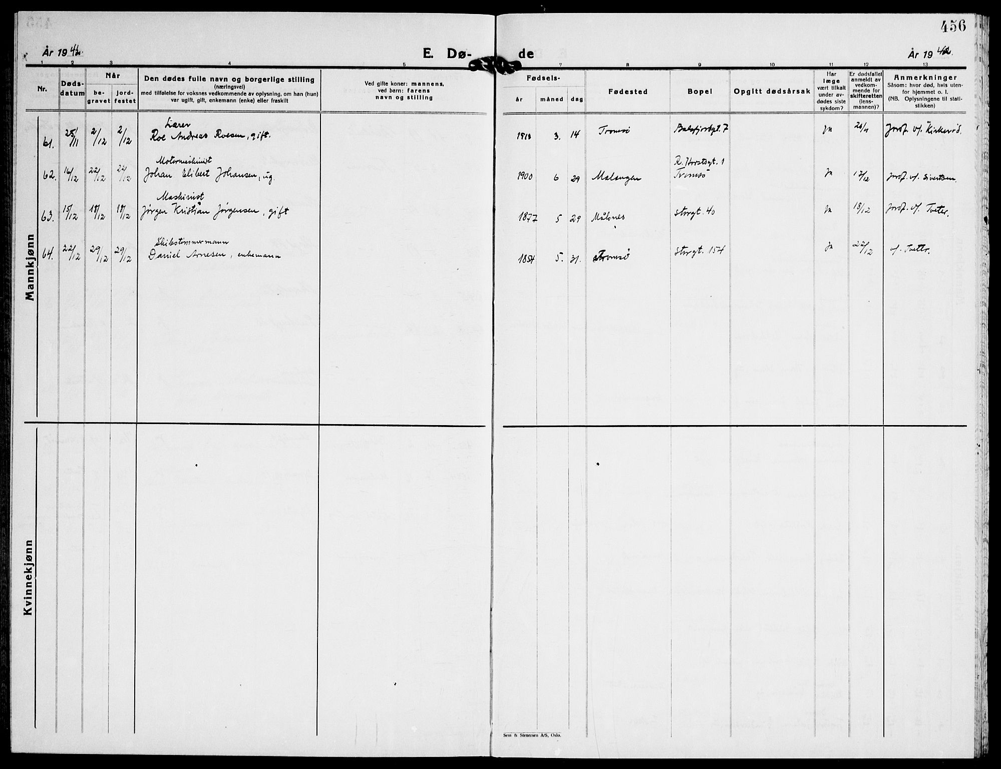 Tromsø sokneprestkontor/stiftsprosti/domprosti, AV/SATØ-S-1343/G/Gb/L0011klokker: Klokkerbok nr. 11, 1942-1944, s. 456