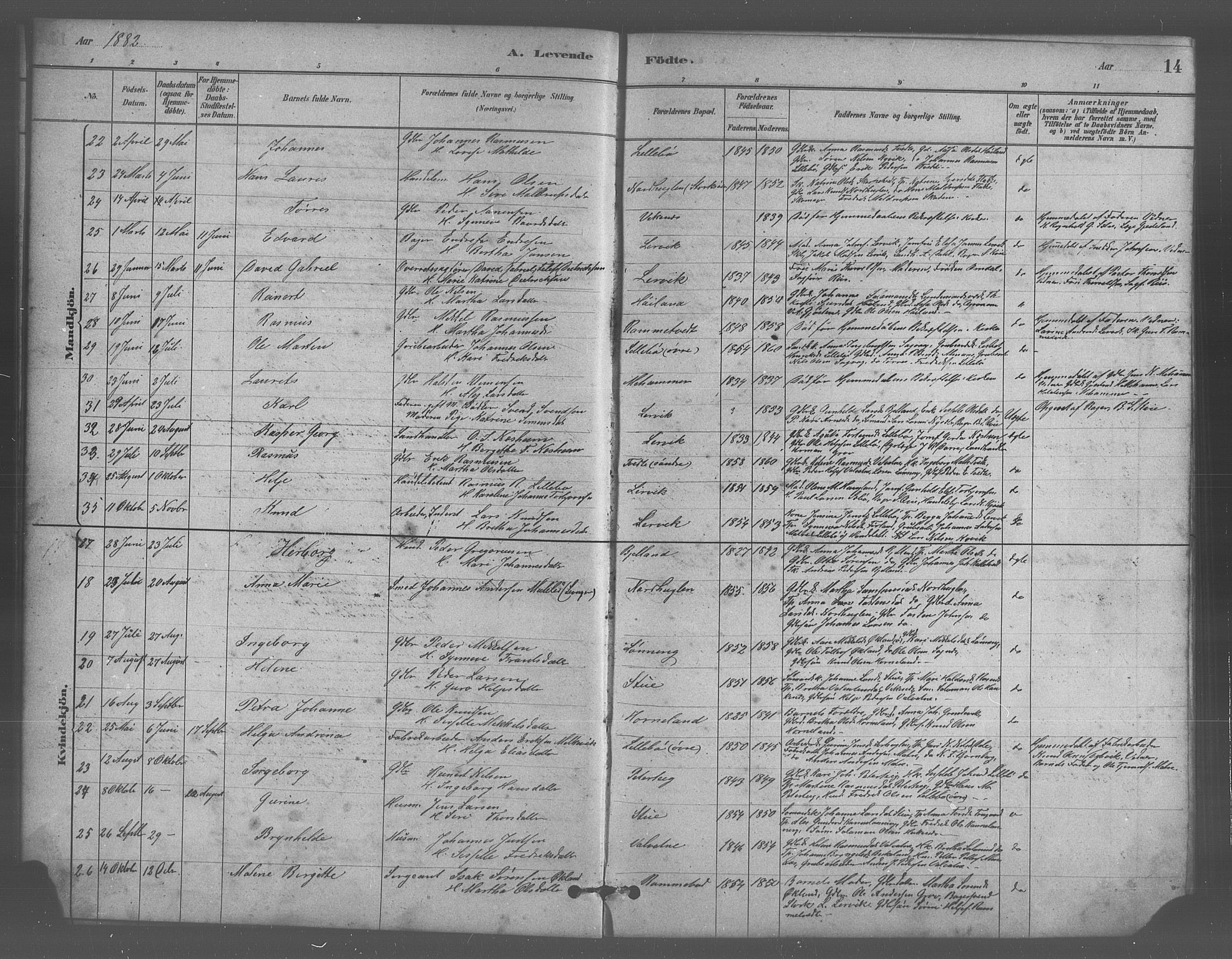 Stord sokneprestembete, AV/SAB-A-78201/H/Hab: Klokkerbok nr. A 2, 1879-1909, s. 14