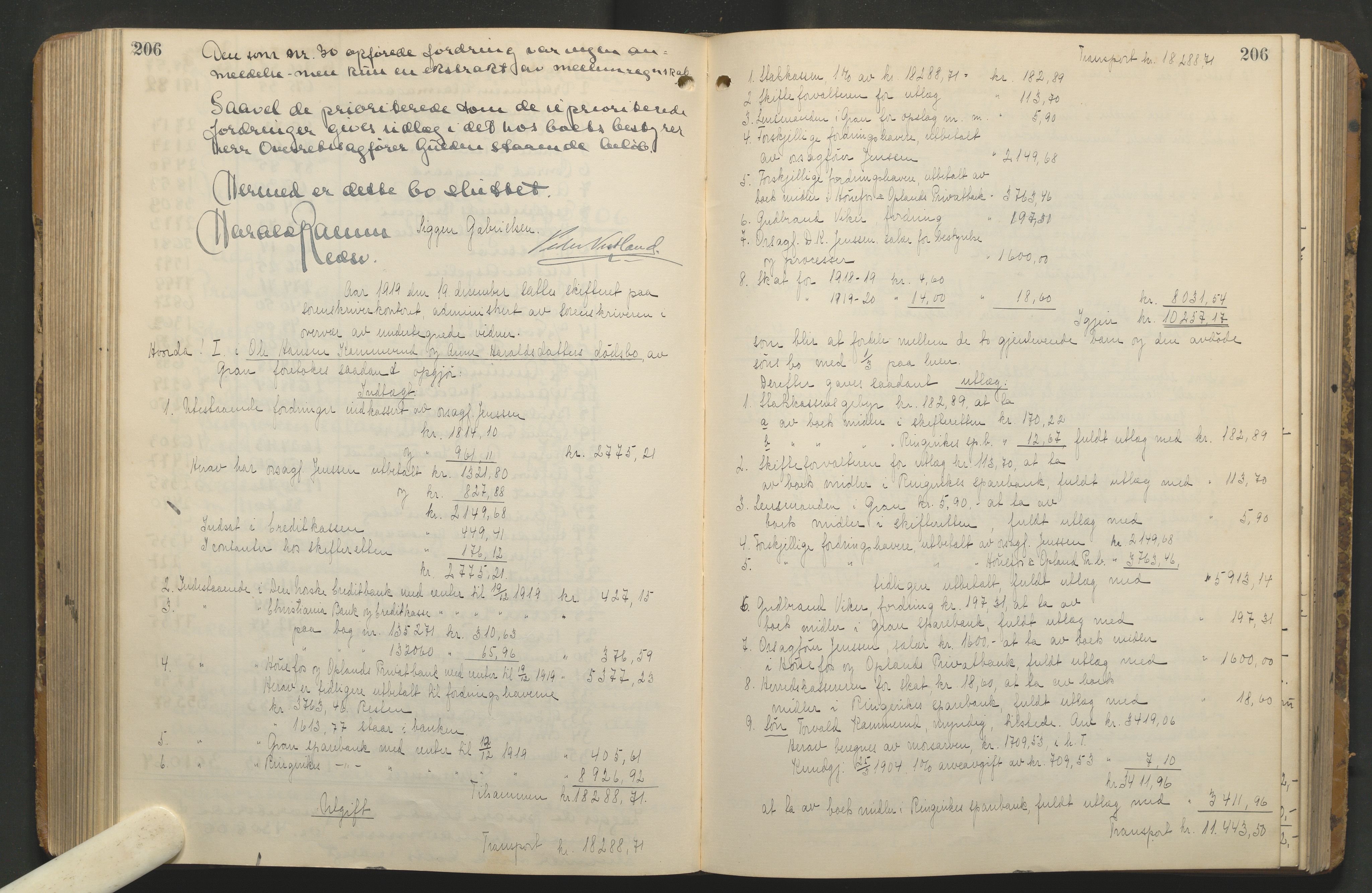 Hadeland og Land tingrett, AV/SAH-TING-010/J/Jd/L0005: Skifteutlodningsprotokoll, 1913-1924, s. 206